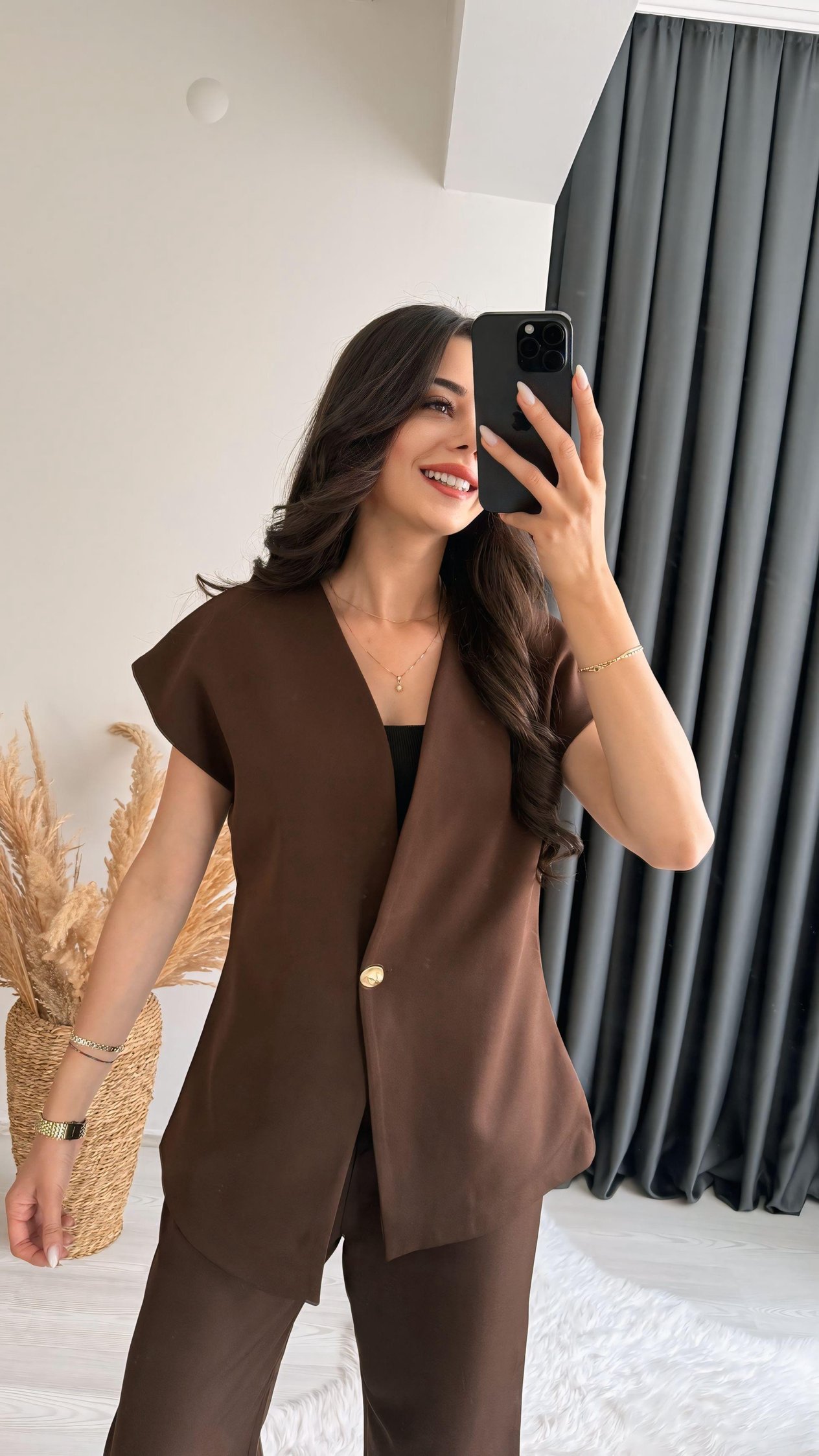 Eloya Klasik Kumaş Bol Paça Pantolon Gold Düğmeli Yelek Takım Kahve