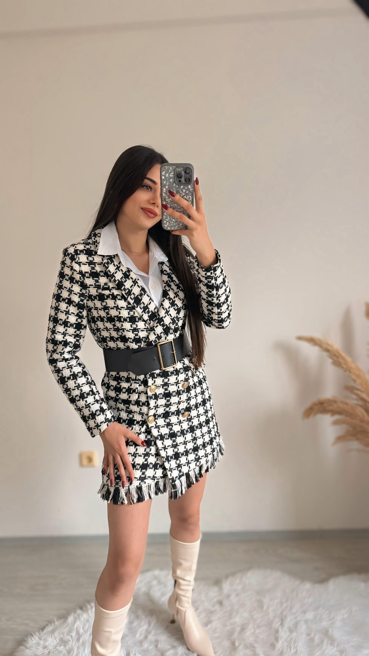 Lana Püsküllü Kemerli Ekose Ceket Elbise