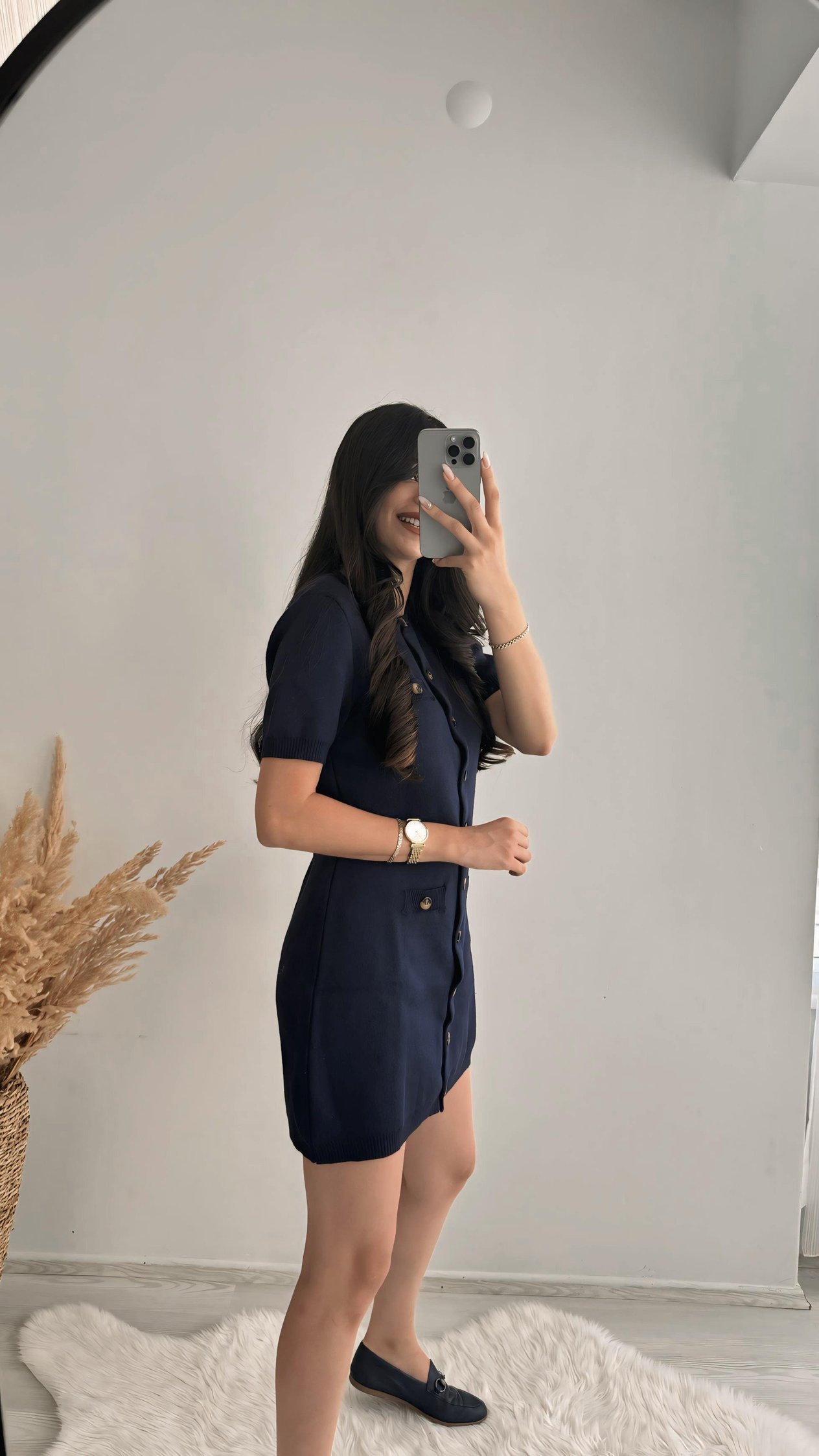 Lovita Lacivert Düğmeli Kısa Kol Triko Elbise