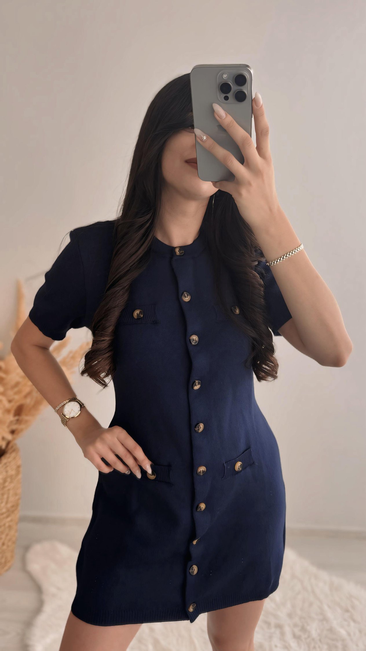 Lovita Lacivert Düğmeli Kısa Kol Triko Elbise