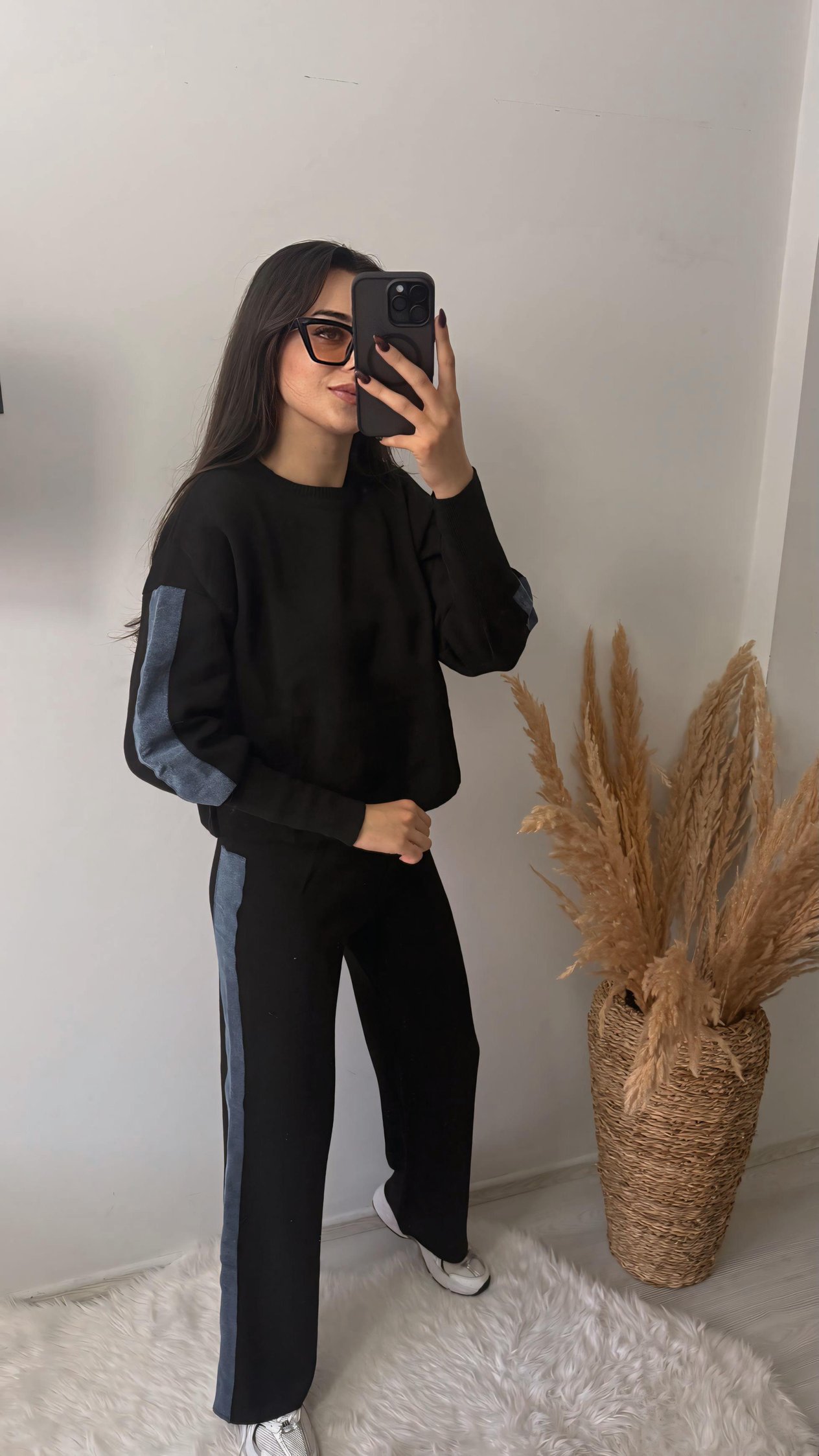 Nomi Yanları Kot Triko Çelik Örme Takım Siyah