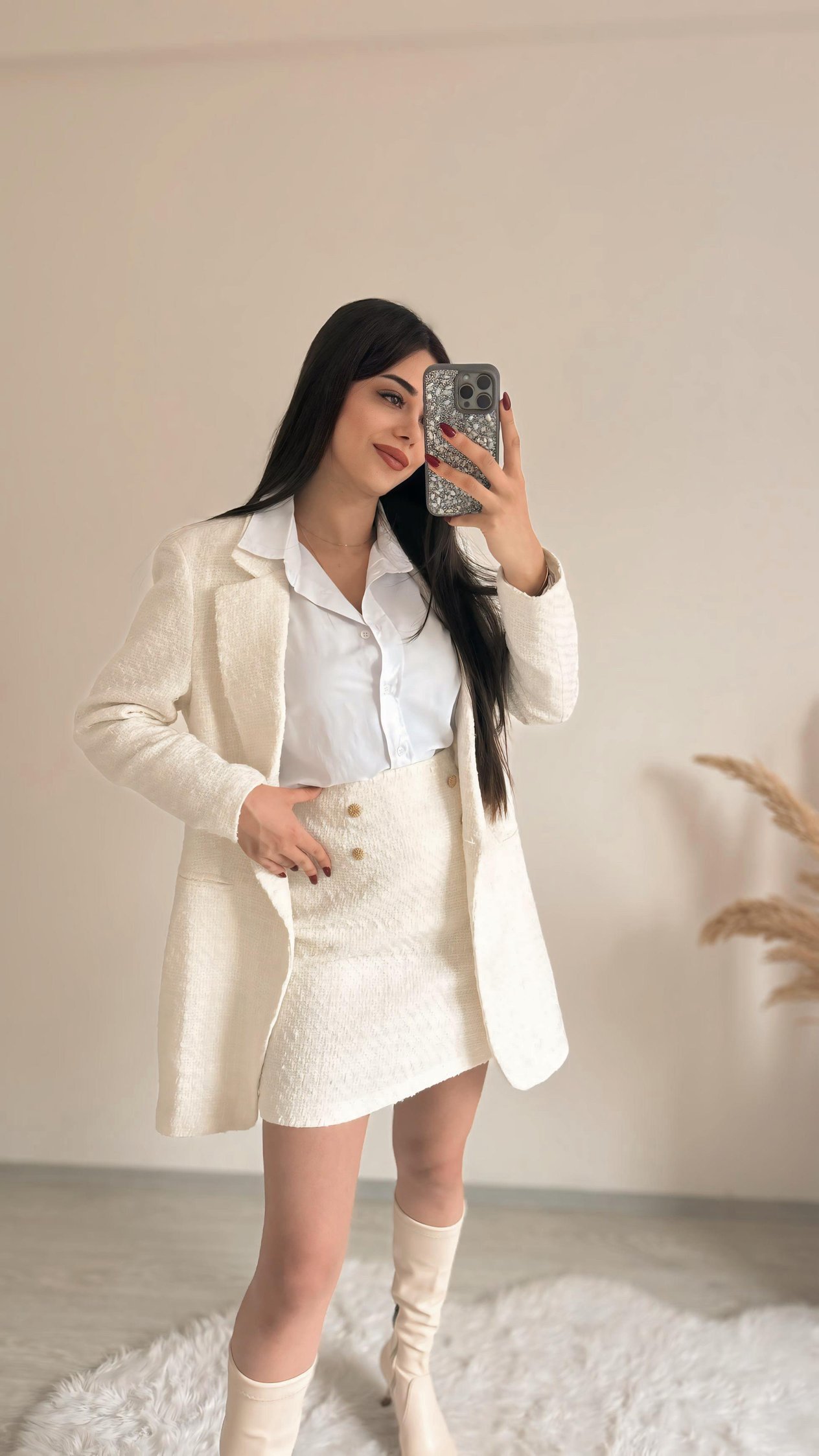 Nora Tüvit Etek Ceket Beyaz Takım
