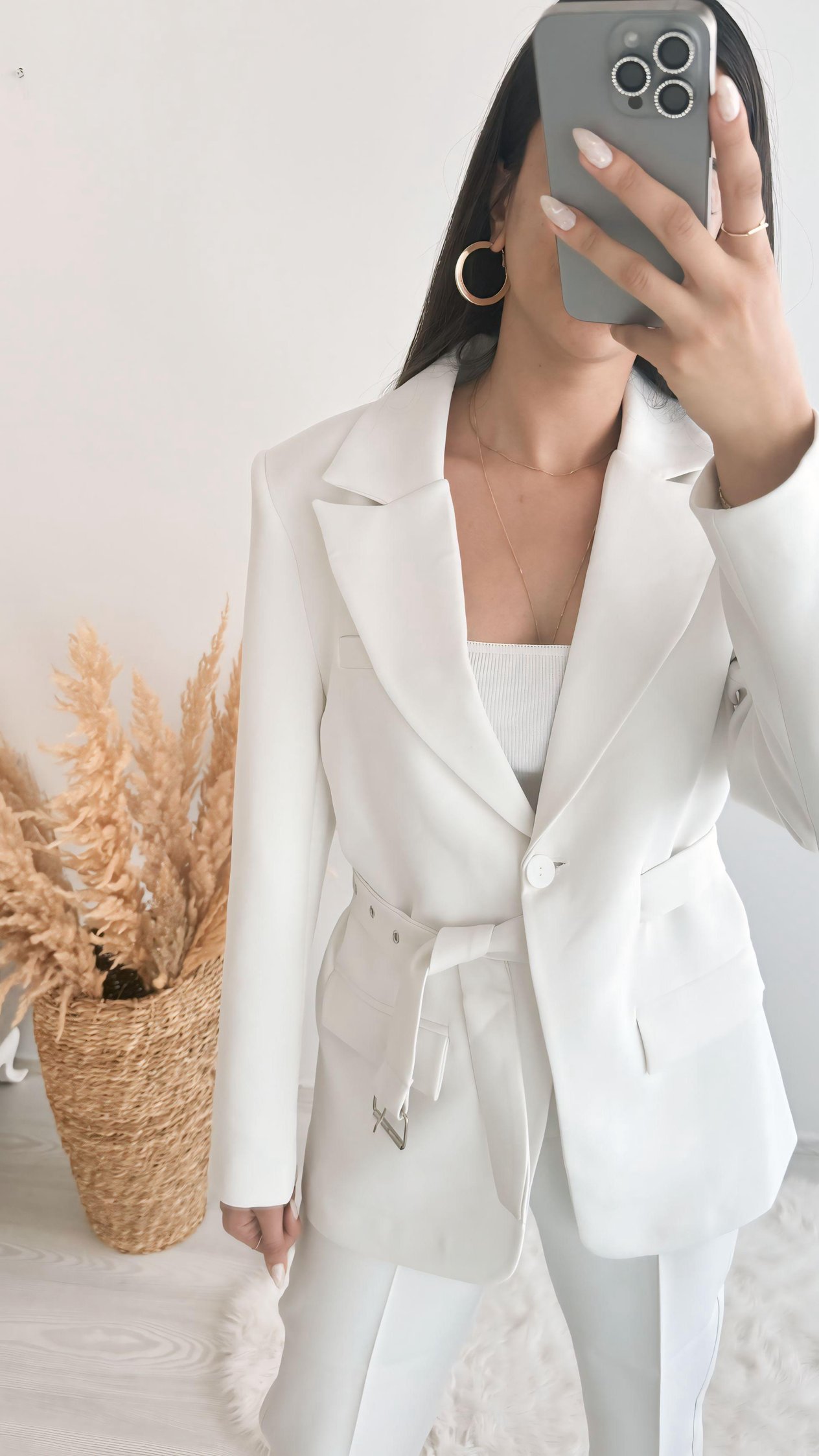 Premium Kalite Kemerli Astarlı Double Kalın Kumaş Blazer Ceket Beyaz