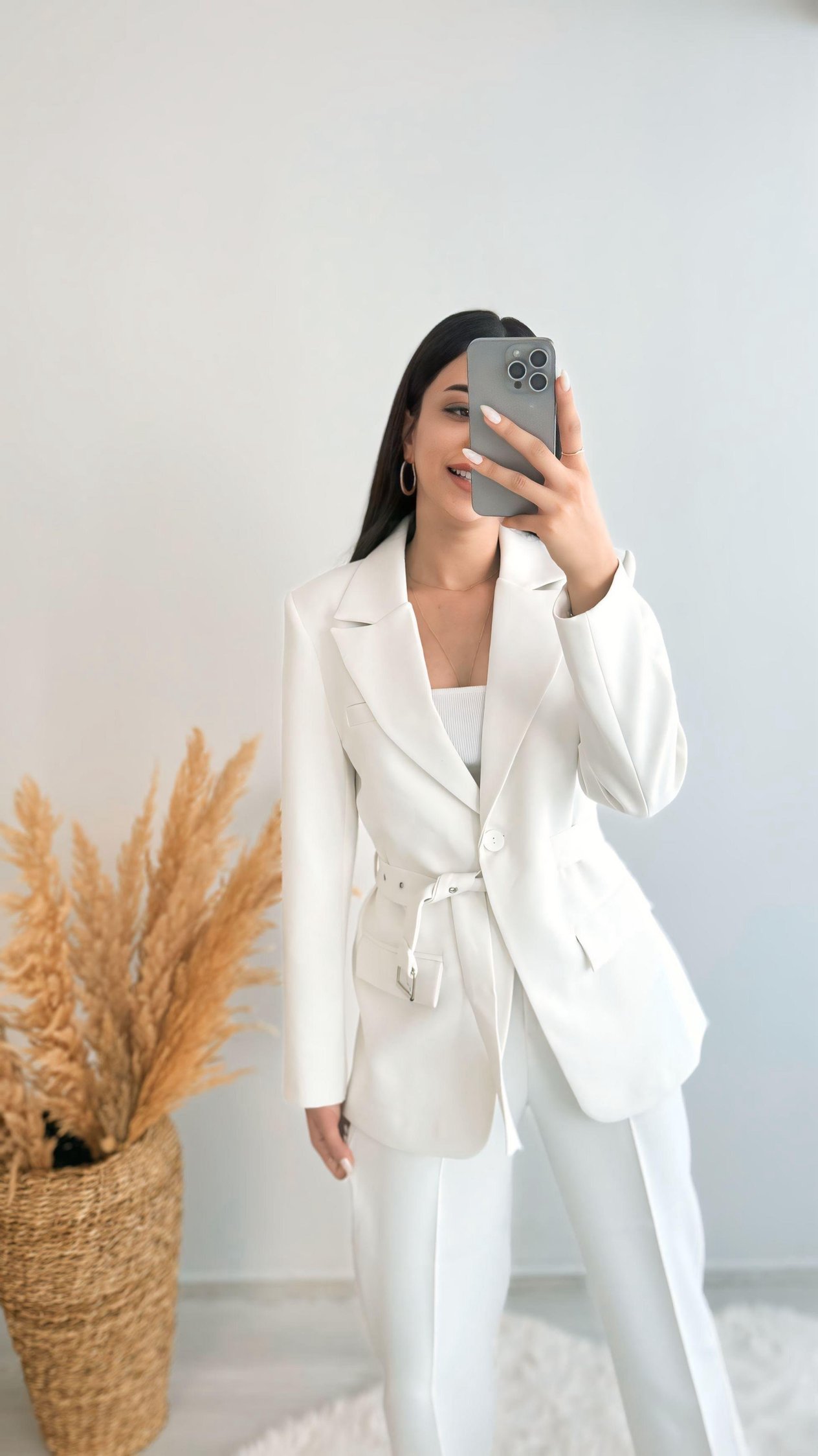 Premium Kalite Kemerli Astarlı Double Kalın Kumaş Blazer Ceket Beyaz