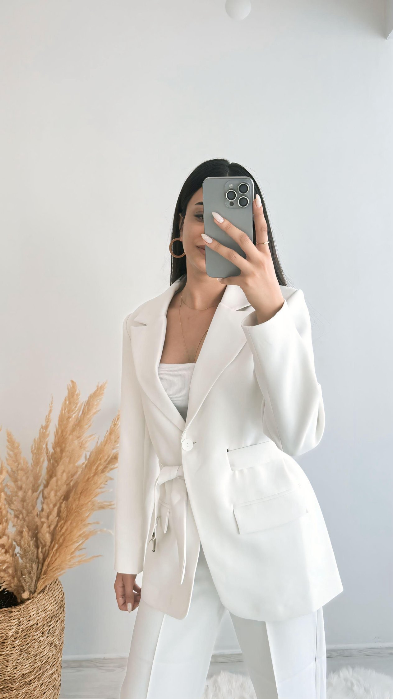 Premium Kalite Kemerli Astarlı Double Kalın Kumaş Blazer Ceket Beyaz