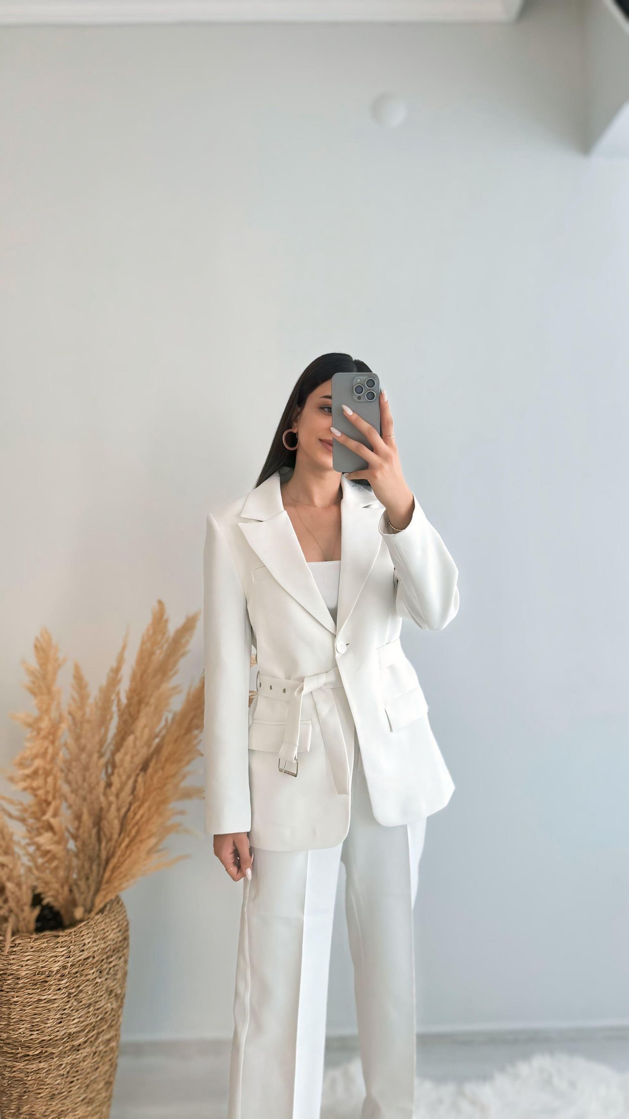 Premium Kalite Kemerli Astarlı Double Kalın Kumaş Blazer Ceket Beyaz