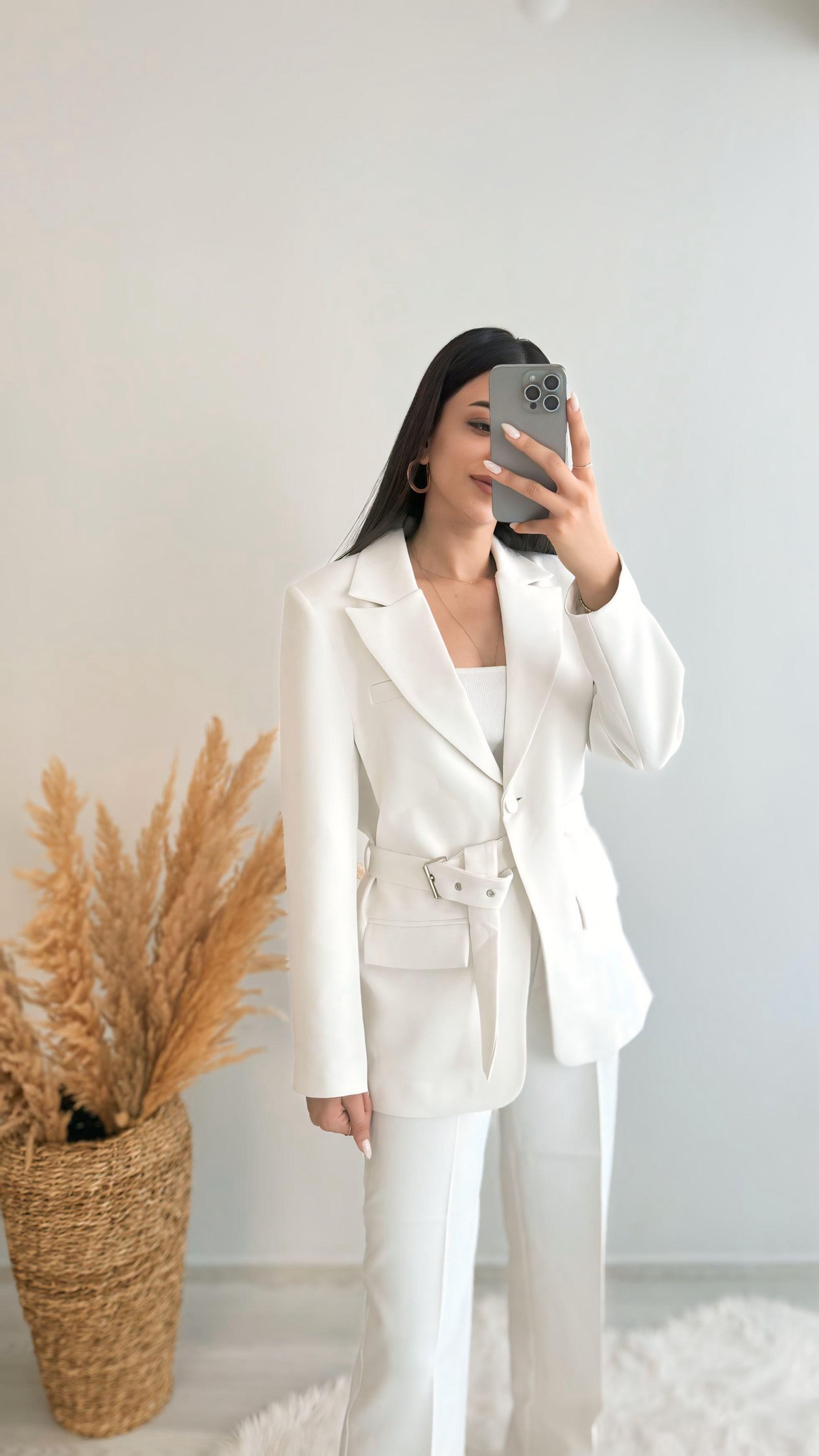 Premium Kalite Kemerli Astarlı Double Kalın Kumaş Blazer Ceket Beyaz