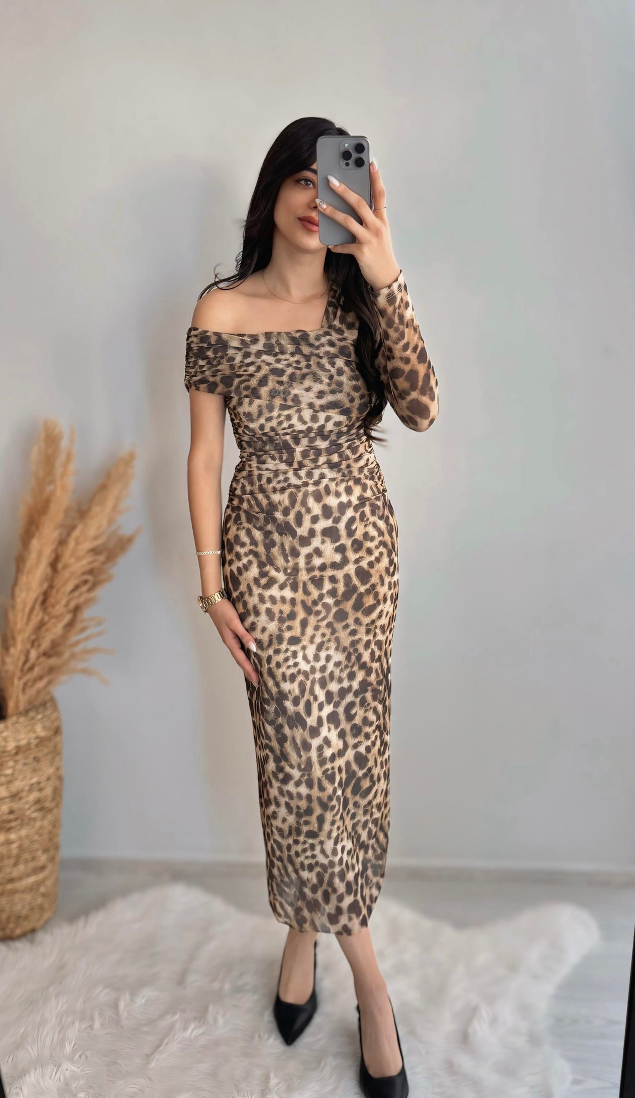 Quade Leopar Desenli Drape Detaylı Tül Midi Elbise 