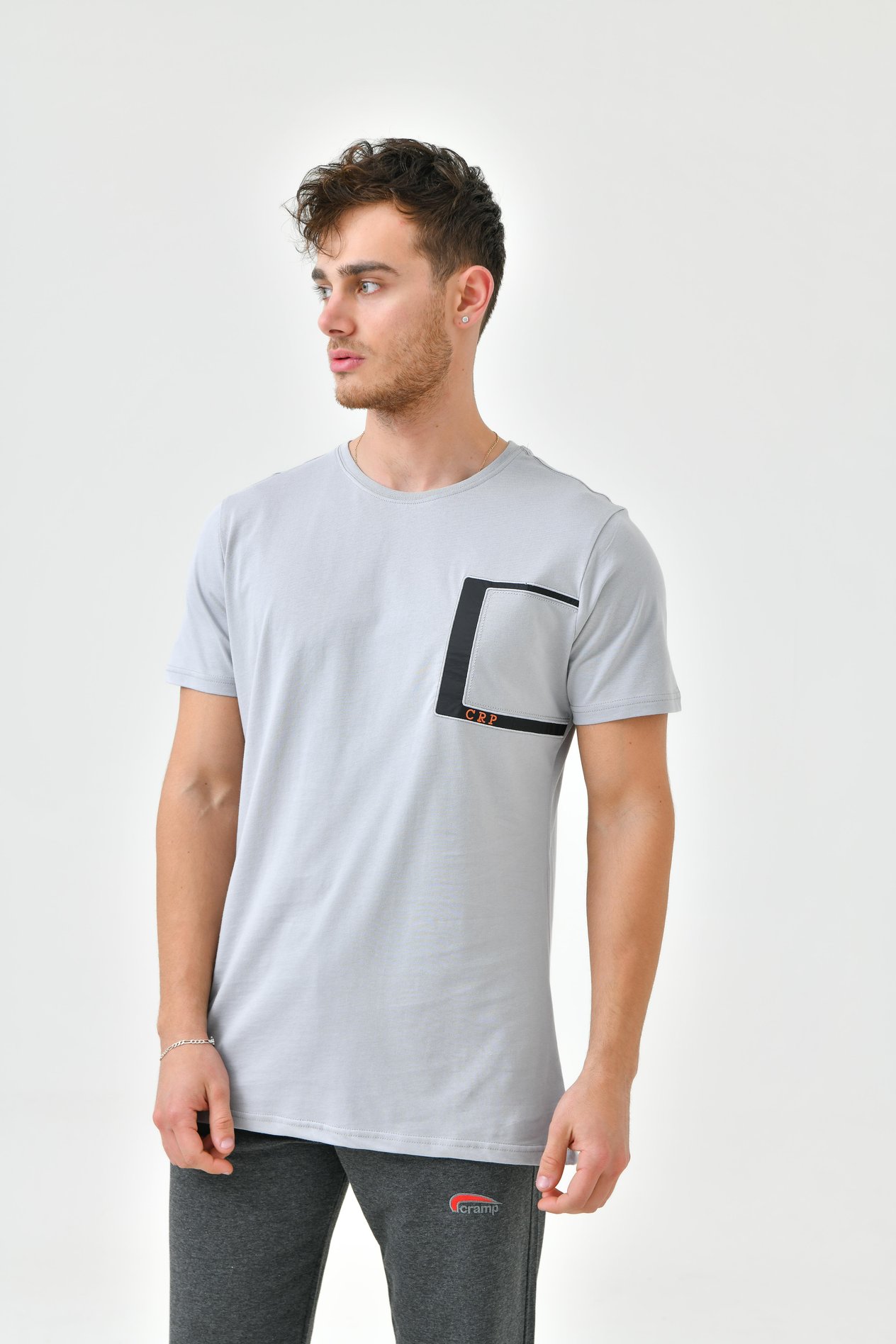 gri nakış Detaylı O Yaka Standart Kalıp Erkek T-shirt