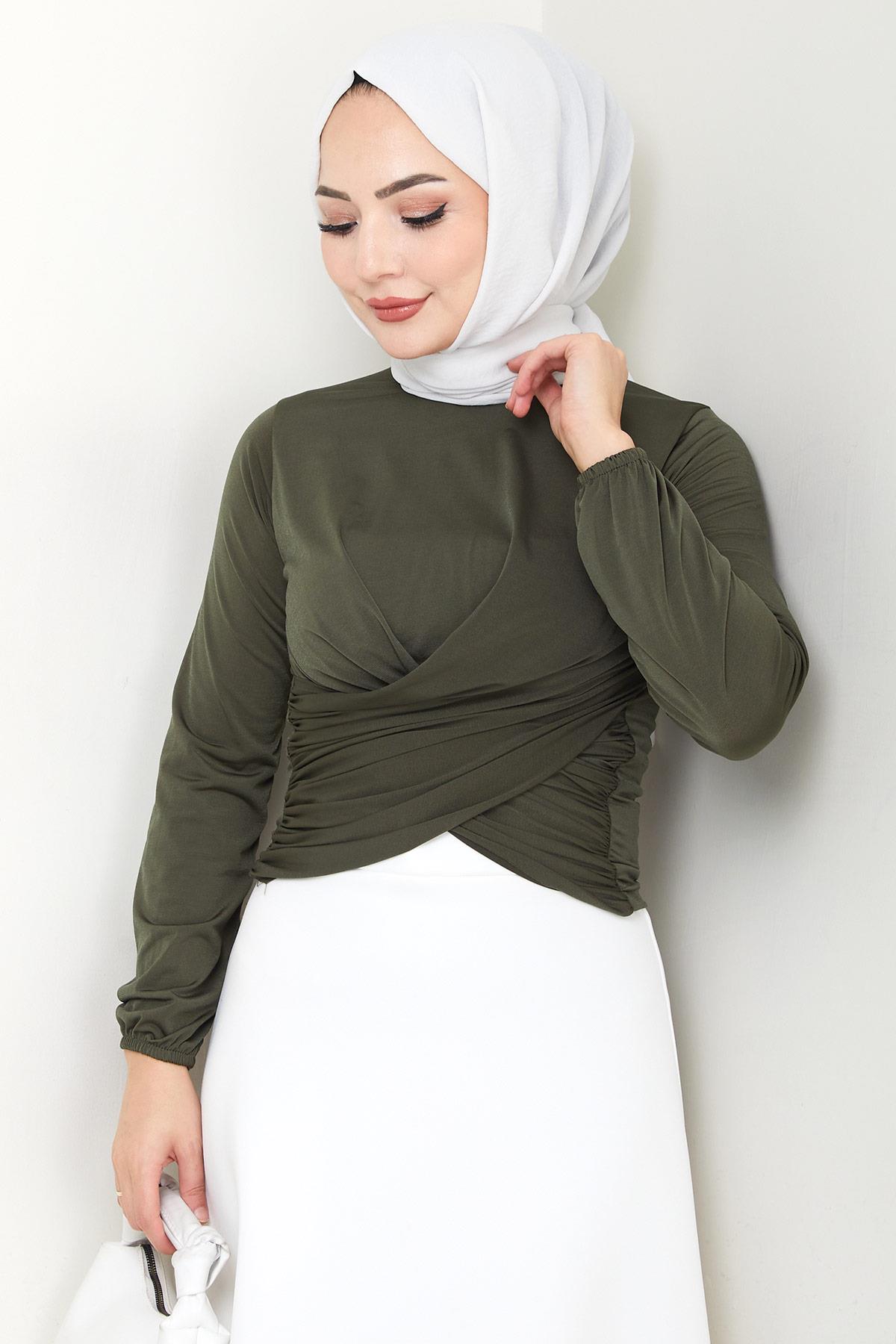 Bisiklet Yaka Büzgülü Sandy Bluz Haki HM2765