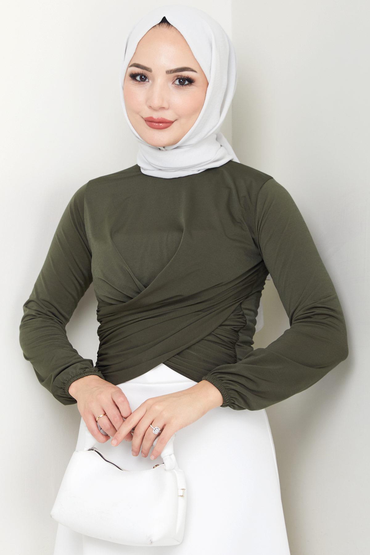 Bisiklet Yaka Büzgülü Sandy Bluz Haki HM2765