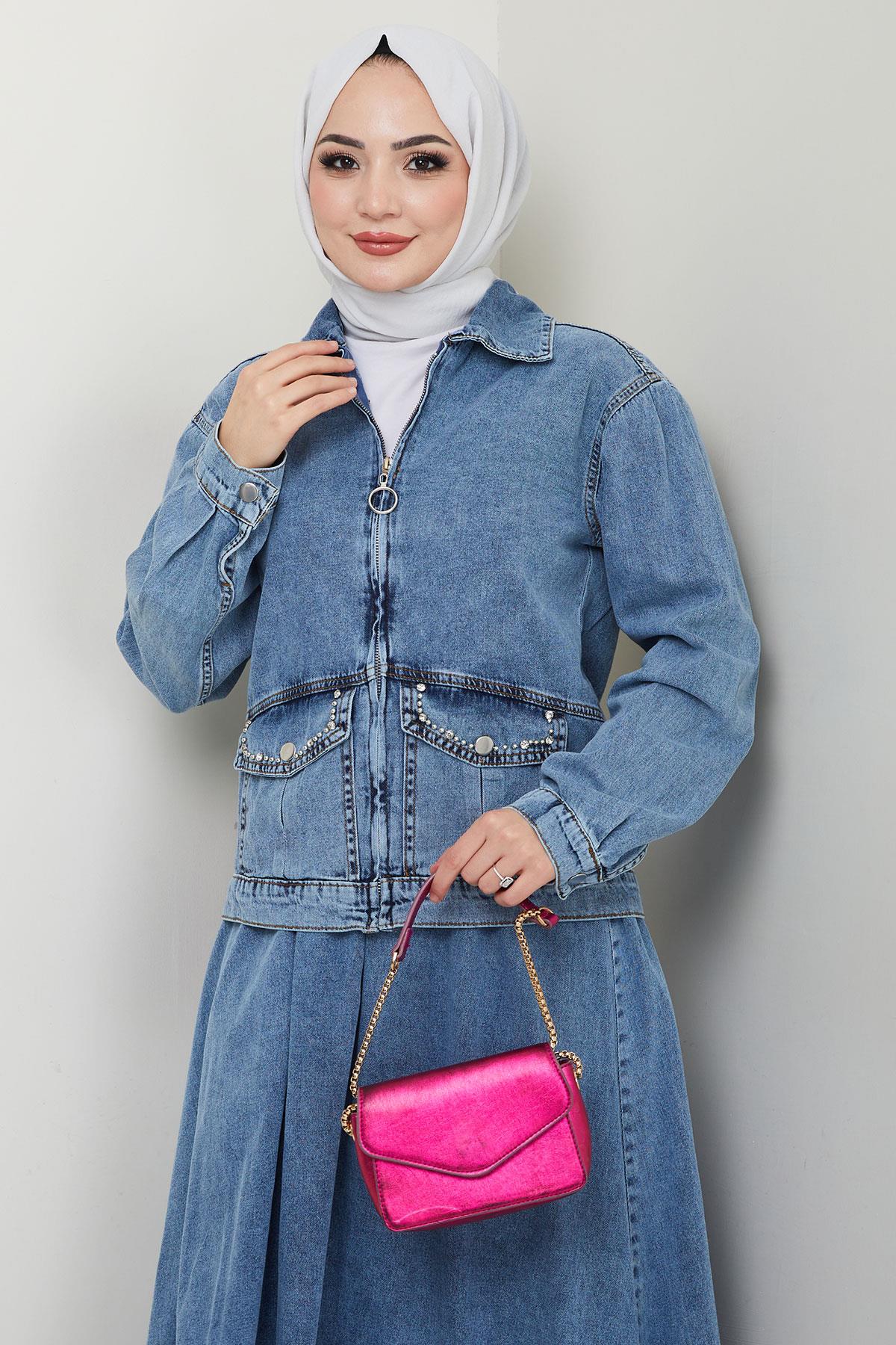Ceketli Kot Etek Takım Mavi HM2676