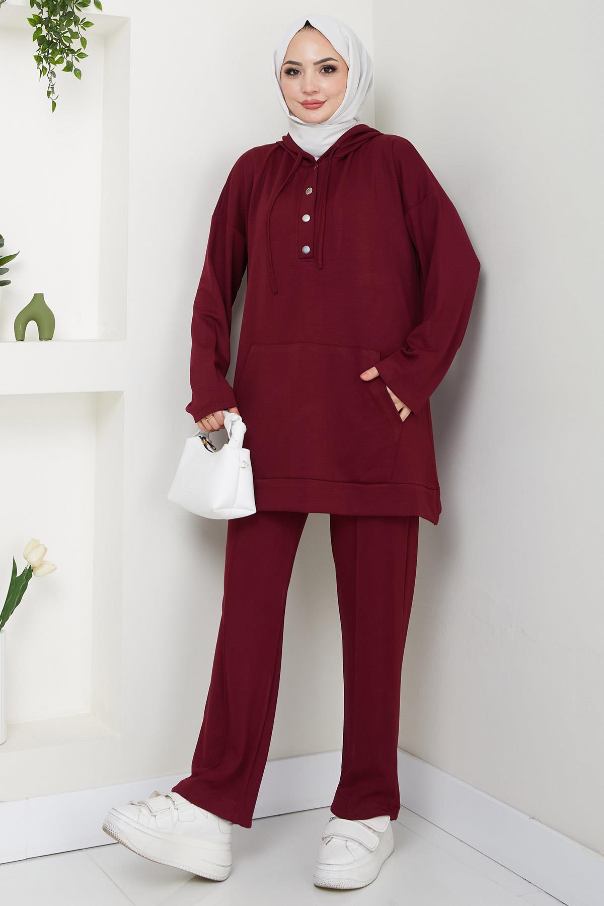 Çıtçıtlı Kapüşonlu İkili Takım Bordo HM2646