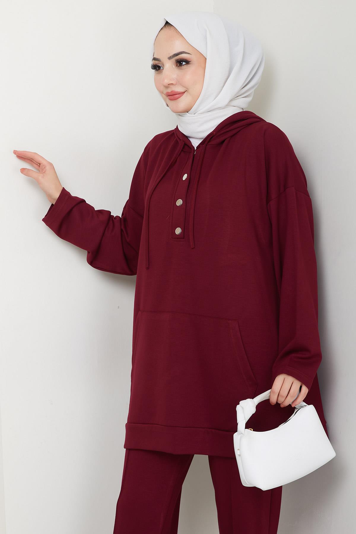 Çıtçıtlı Kapüşonlu İkili Takım Bordo HM2646