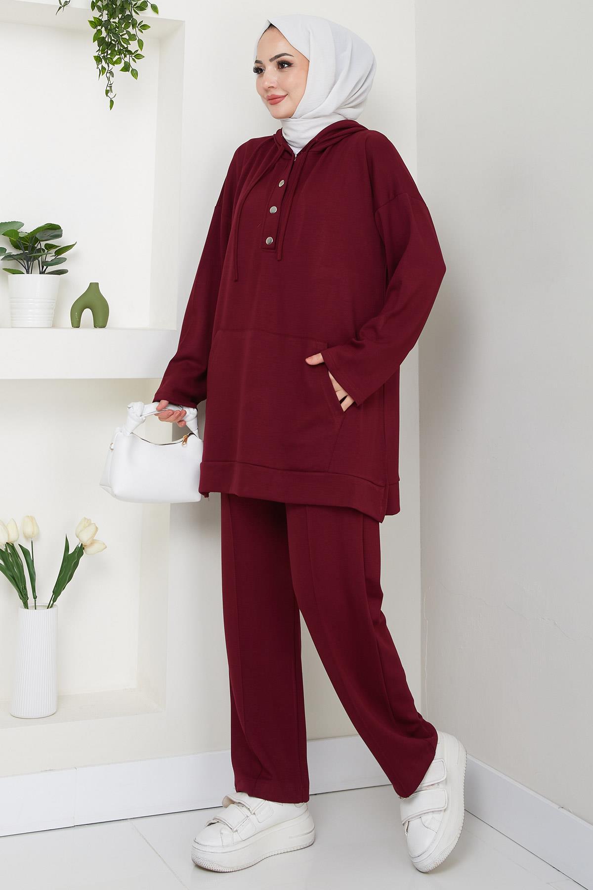 Çıtçıtlı Kapüşonlu İkili Takım Bordo HM2646