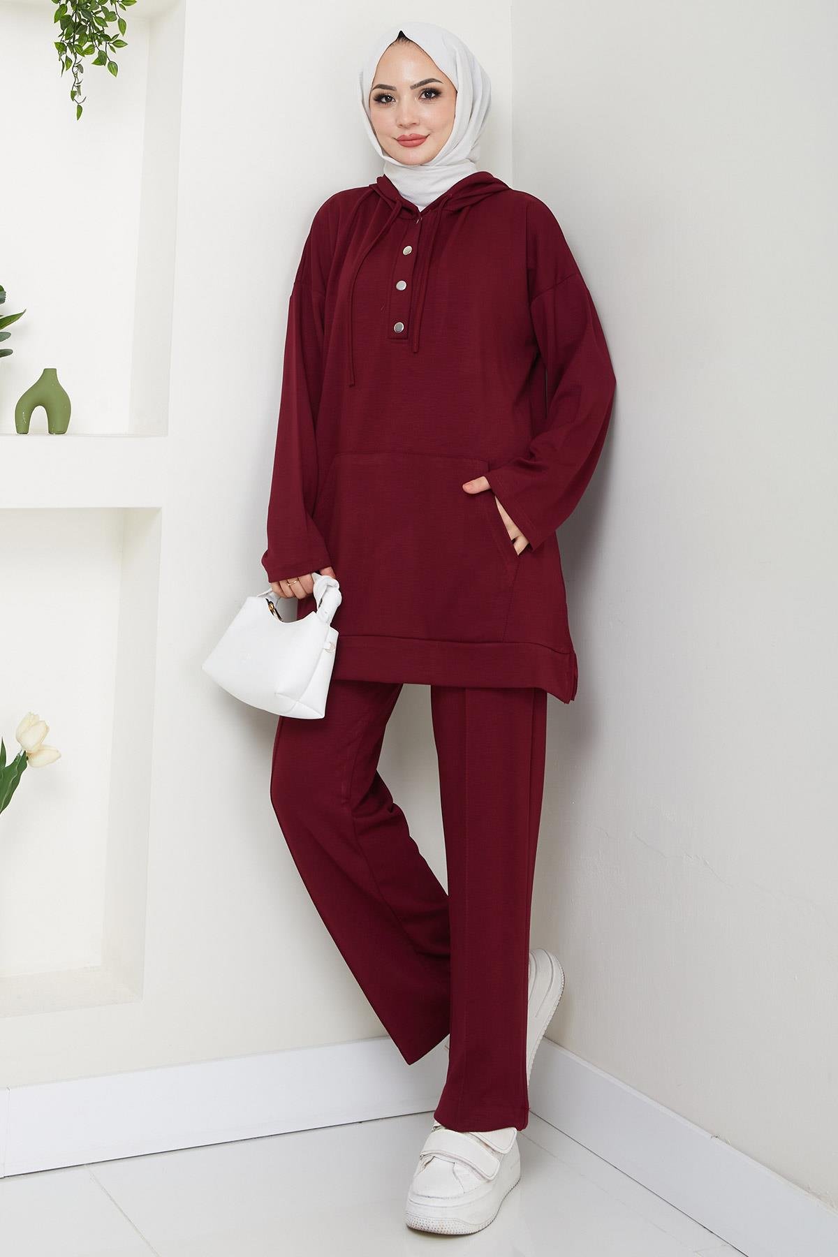 Çıtçıtlı Kapüşonlu İkili Takım Bordo HM2646