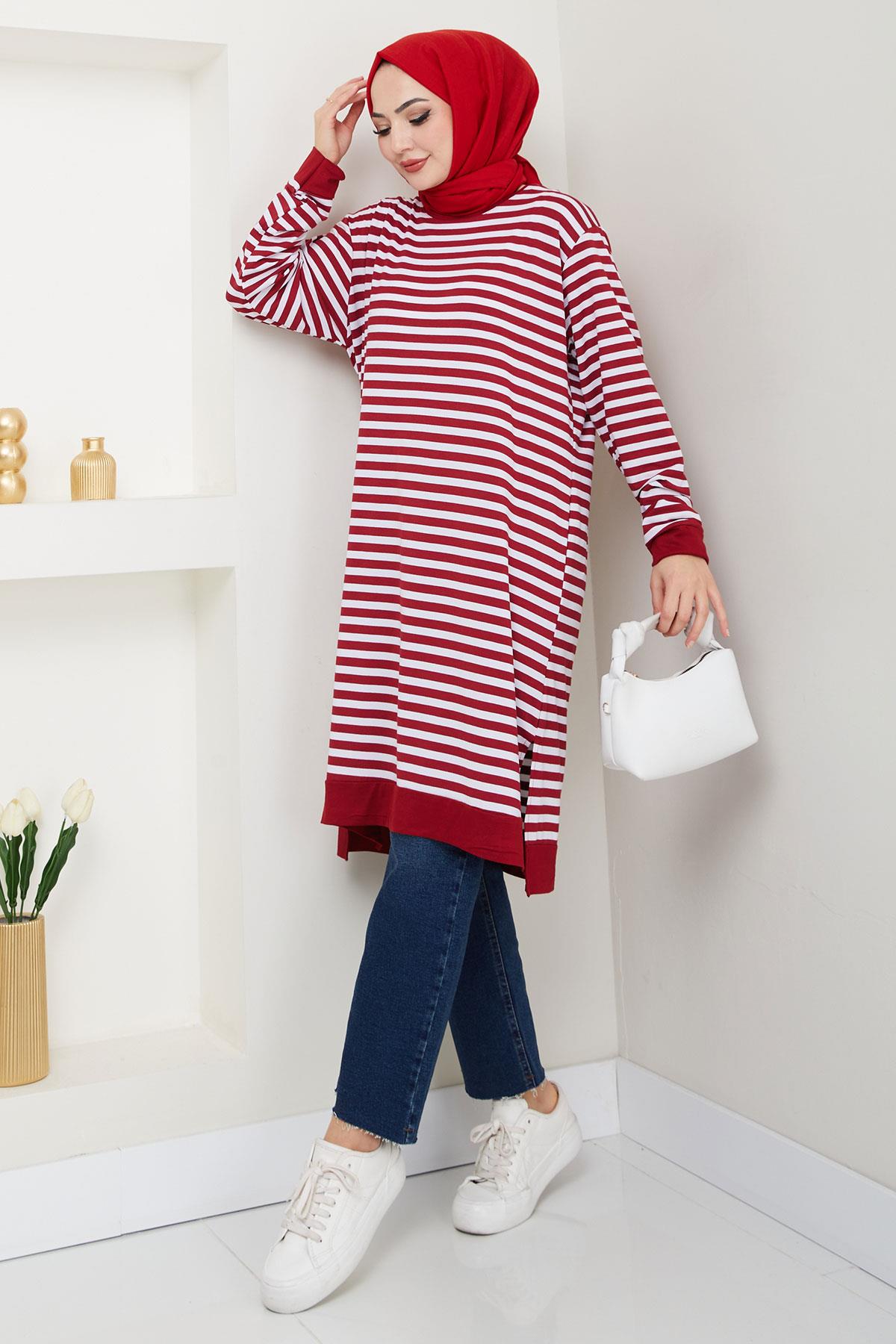 Çizgili Penye Tunik Bordo HM2418