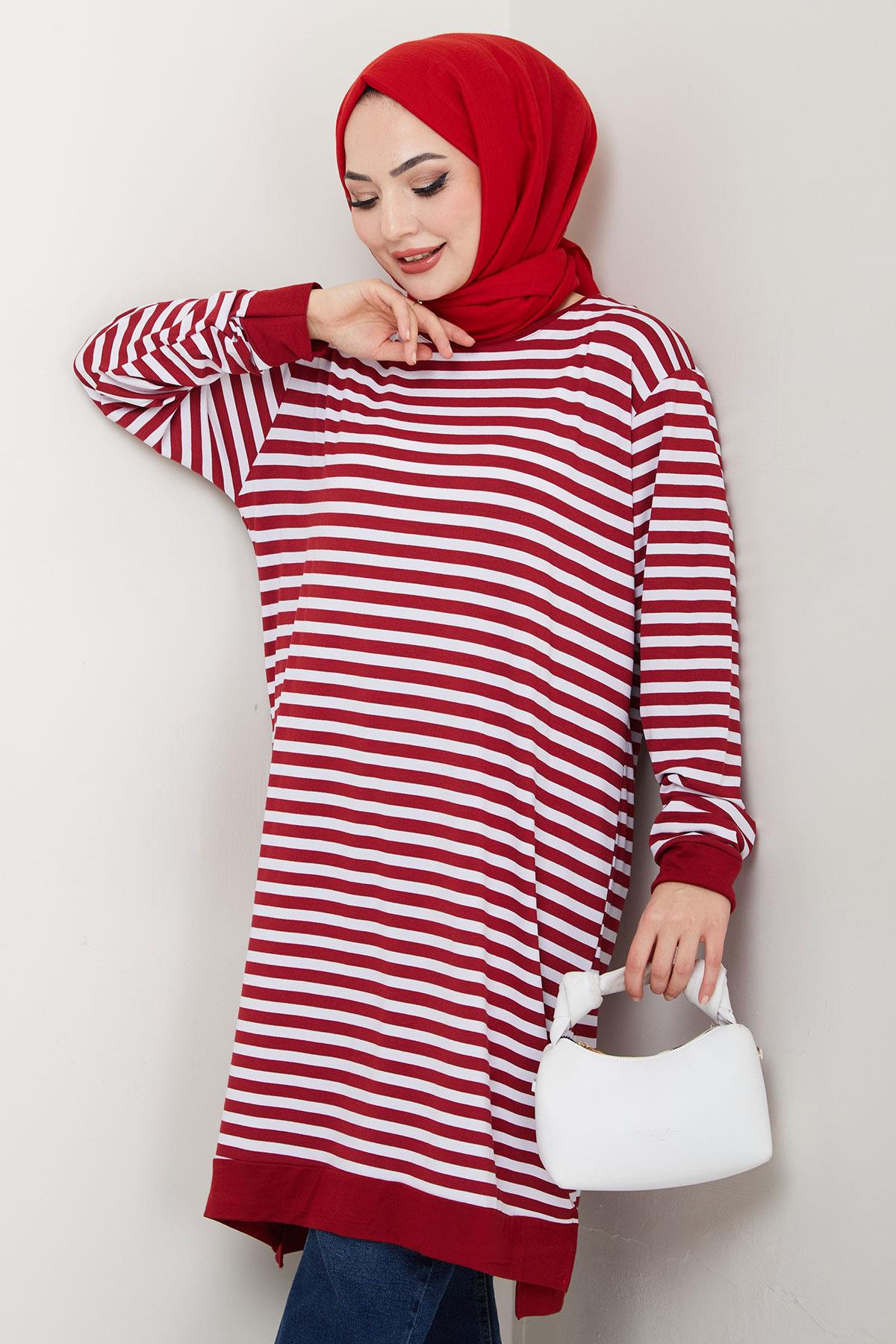 Çizgili Penye Tunik Bordo HM2418