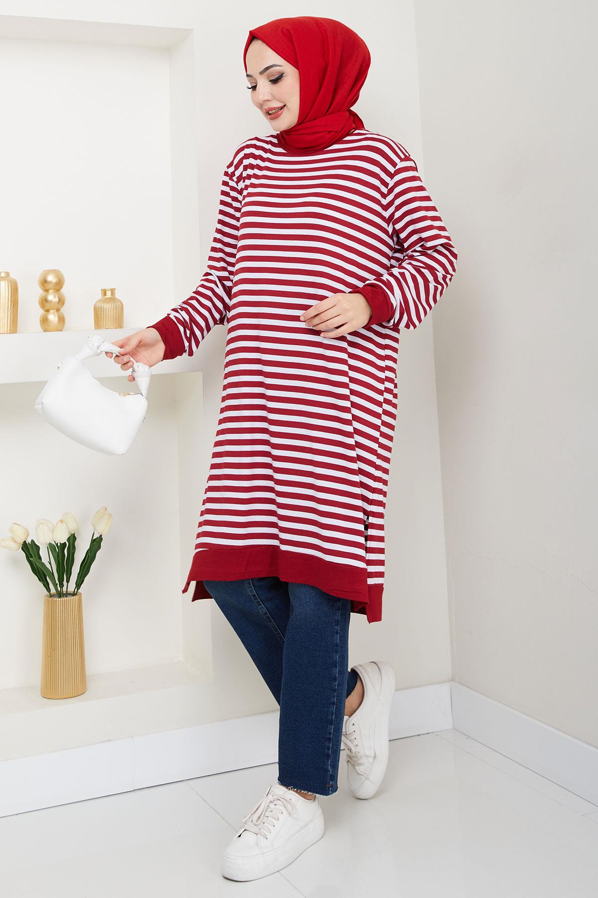 Çizgili Penye Tunik Bordo HM2418