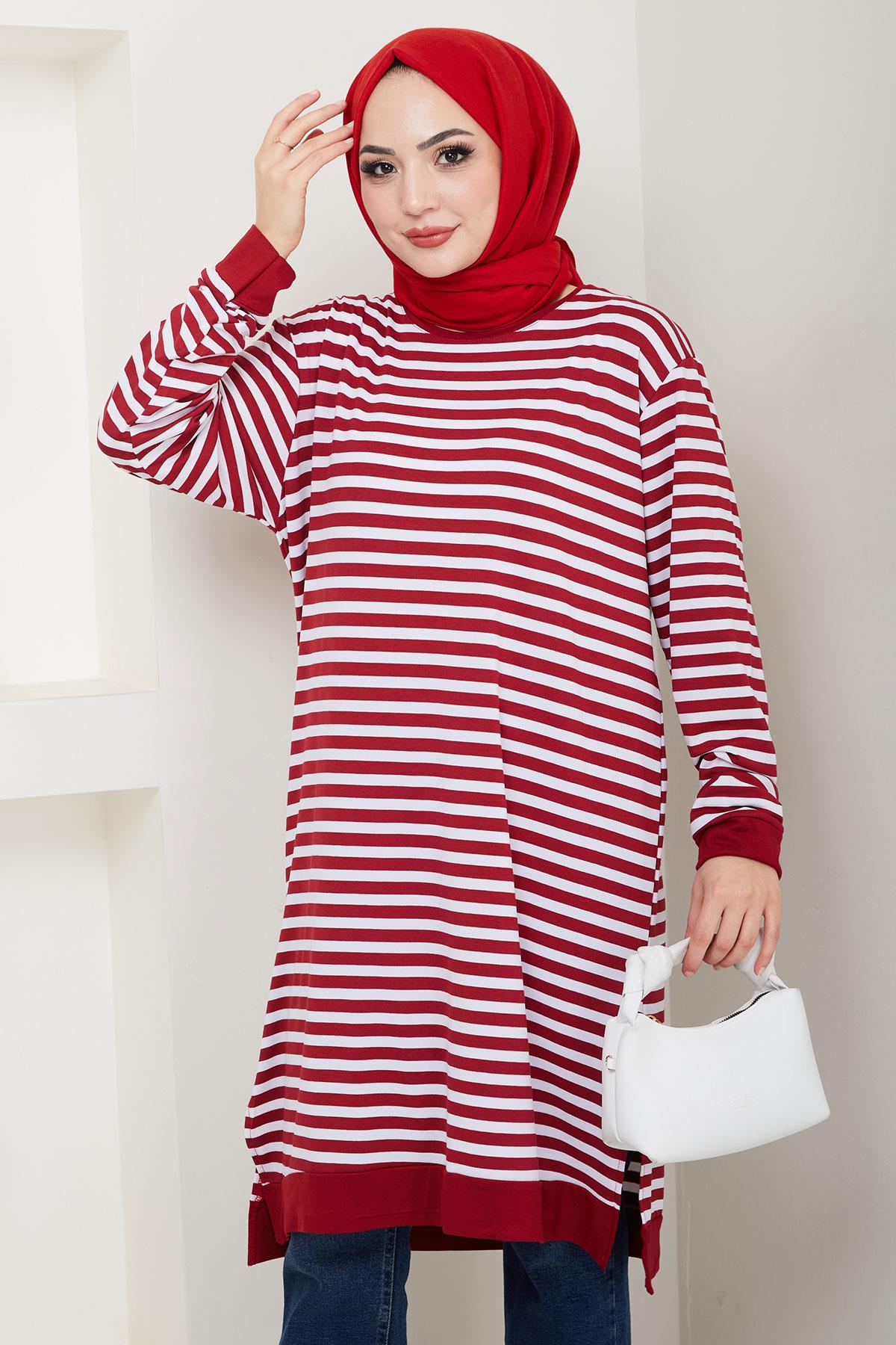 Çizgili Penye Tunik Bordo HM2418