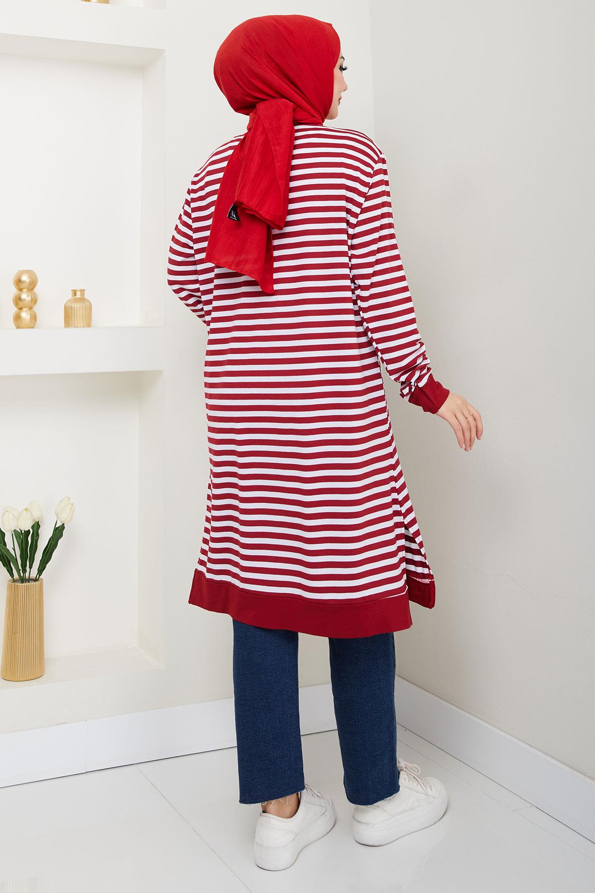 Çizgili Penye Tunik Bordo HM2418