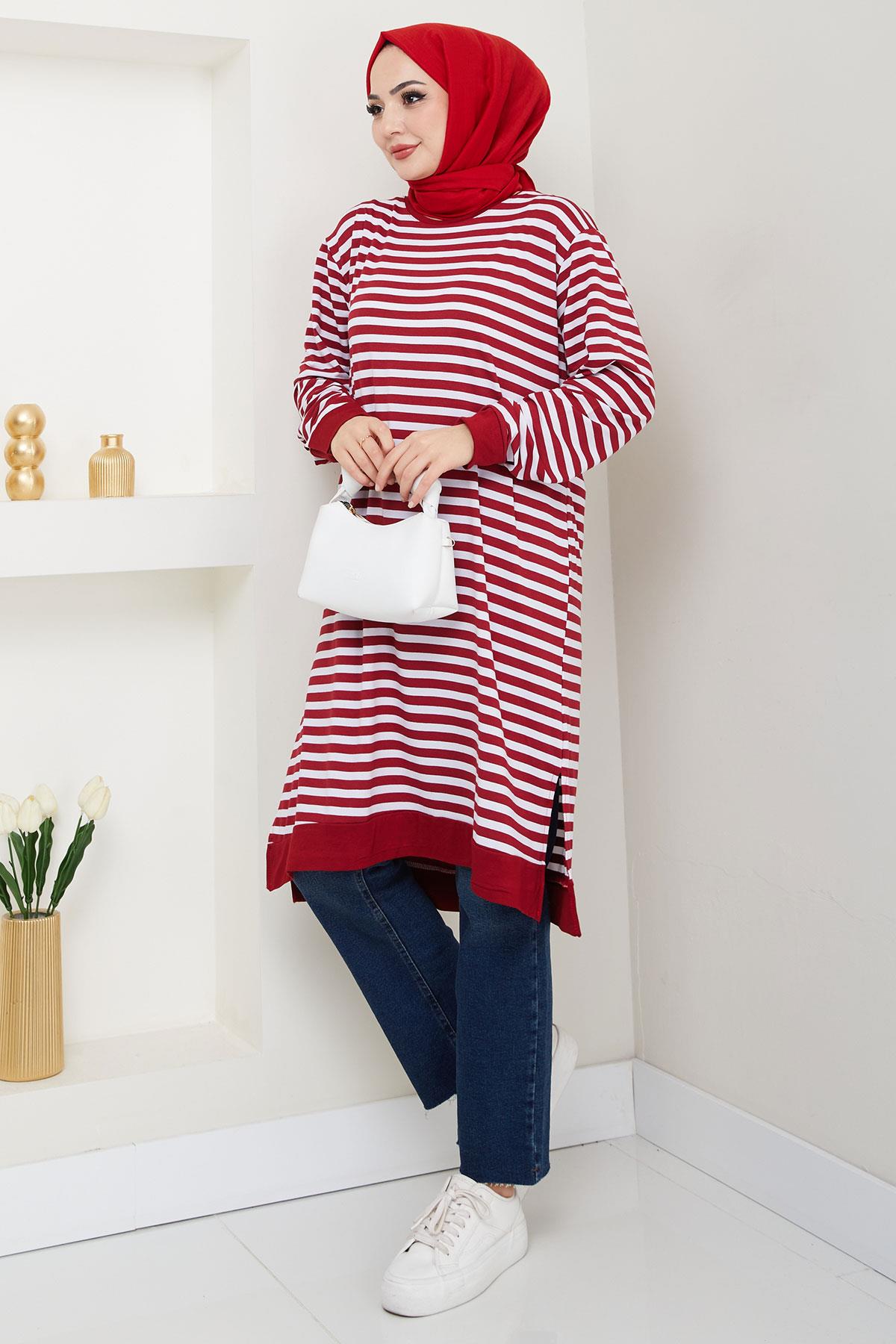 Çizgili Penye Tunik Bordo HM2418