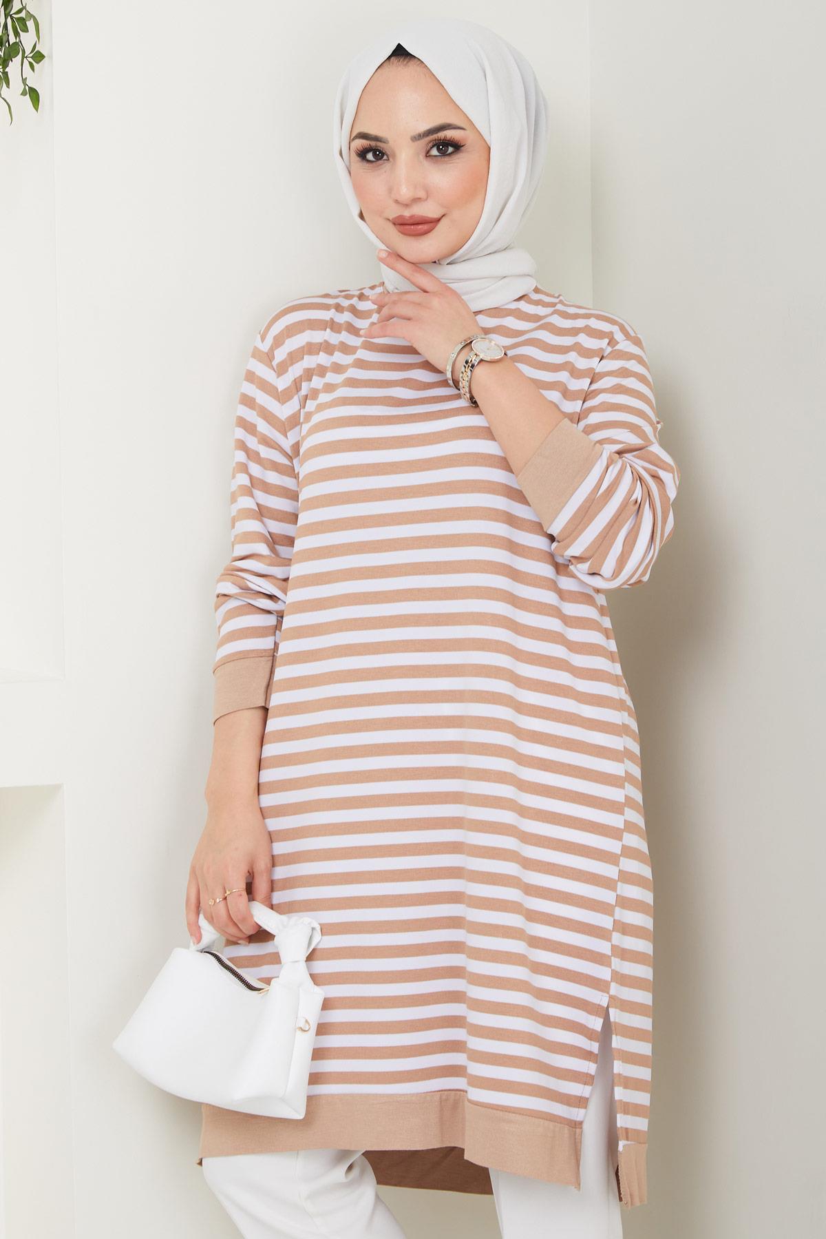Çizgili Penye Tunik Camel HM2418