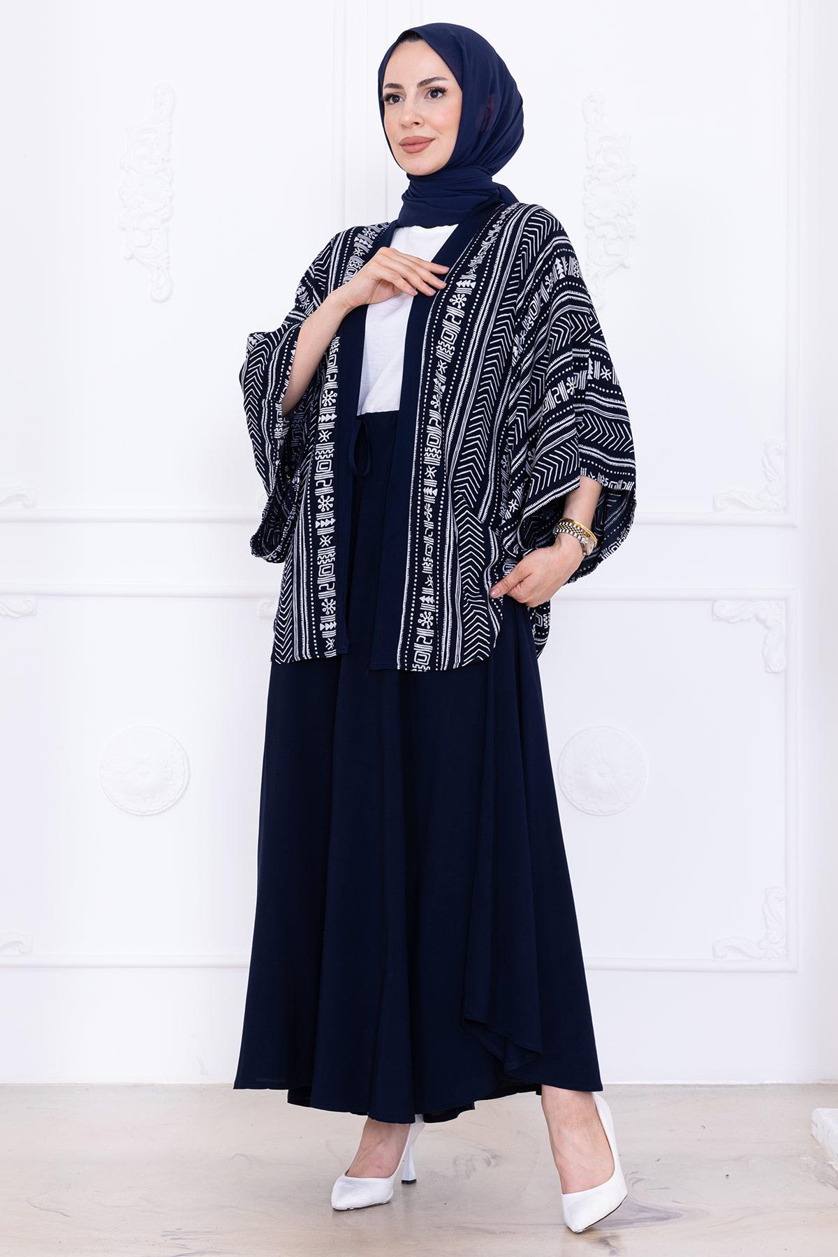 Desenli Etekli Kimono Takım Lacivert HM2766