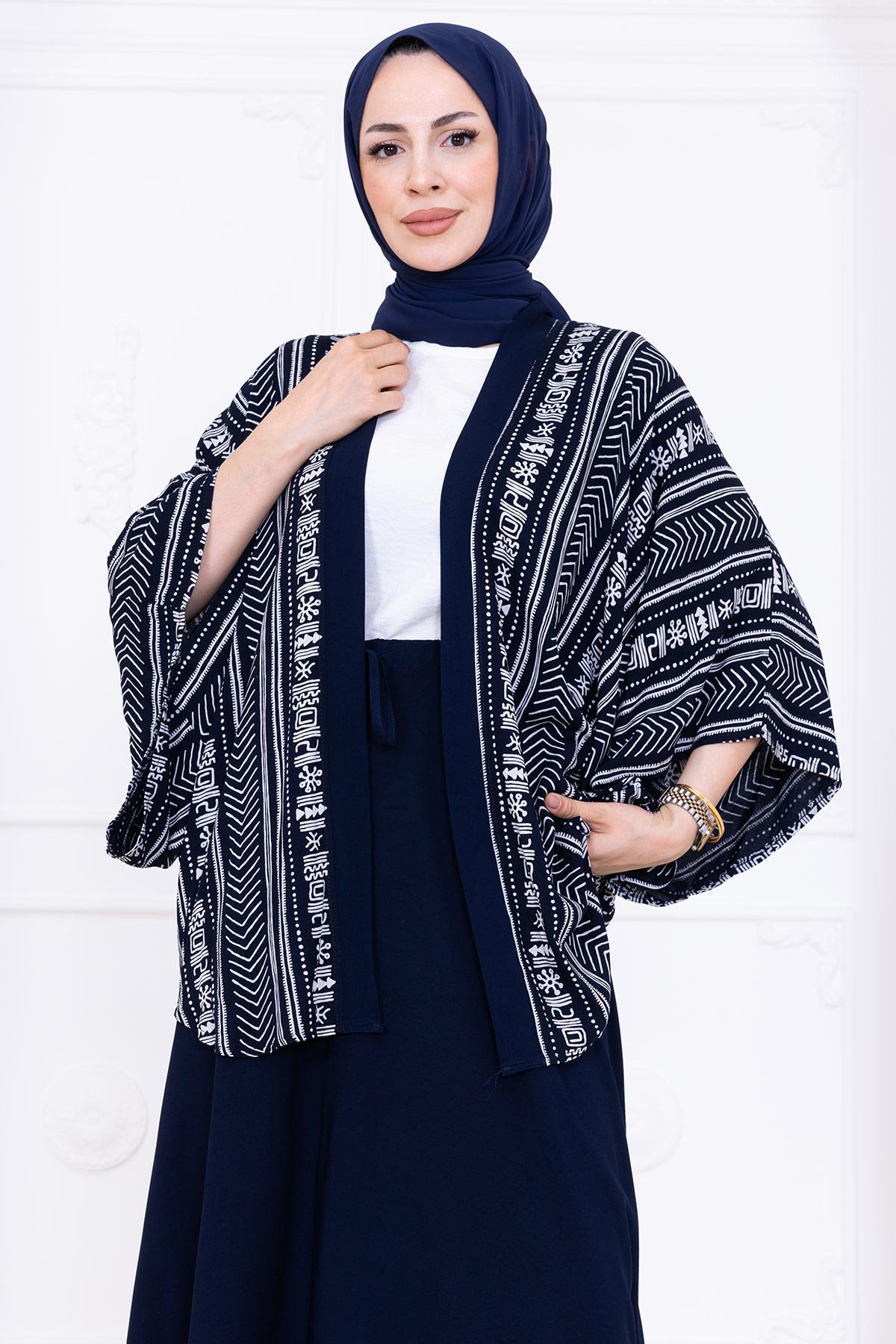 Desenli Etekli Kimono Takım Lacivert HM2766