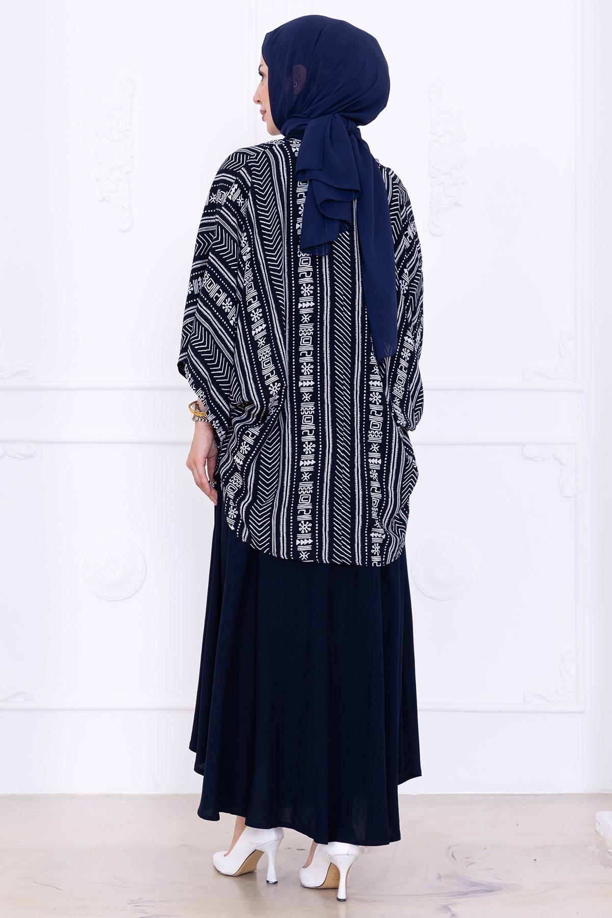 Desenli Etekli Kimono Takım Lacivert HM2766