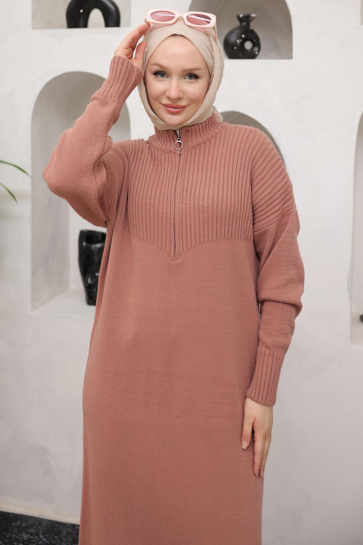 Fermuarlı Uzun Triko Tunik Gül Kurusu Rengi HM2529