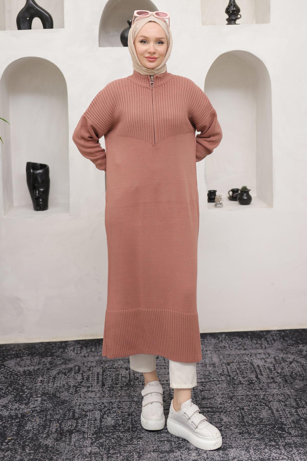 Fermuarlı Uzun Triko Tunik Gül Kurusu Rengi HM2529