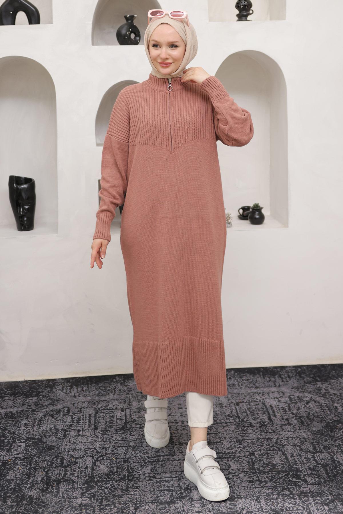 Fermuarlı Uzun Triko Tunik Gül Kurusu Rengi HM2529