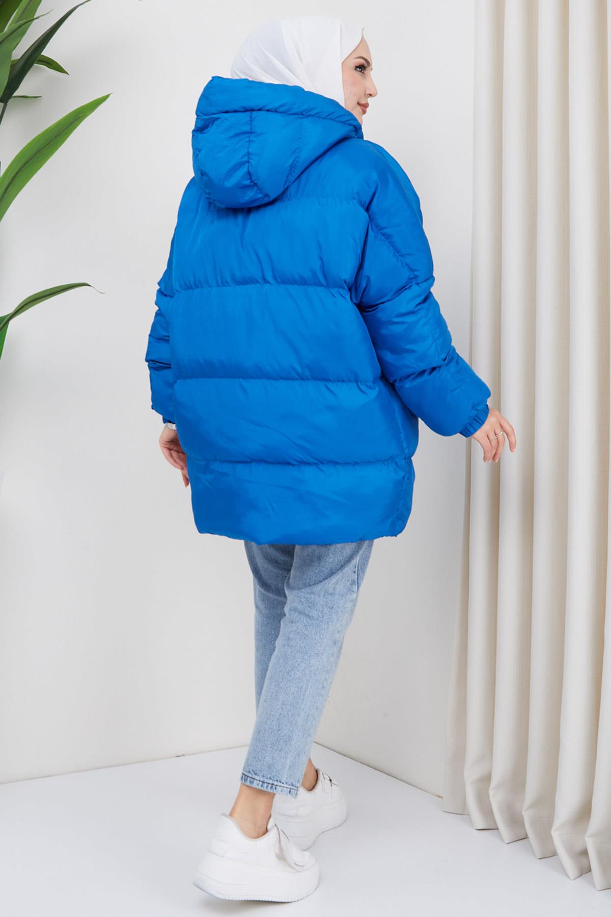 Kapşonlu Oversize Şişme Mont Mavi HM2314