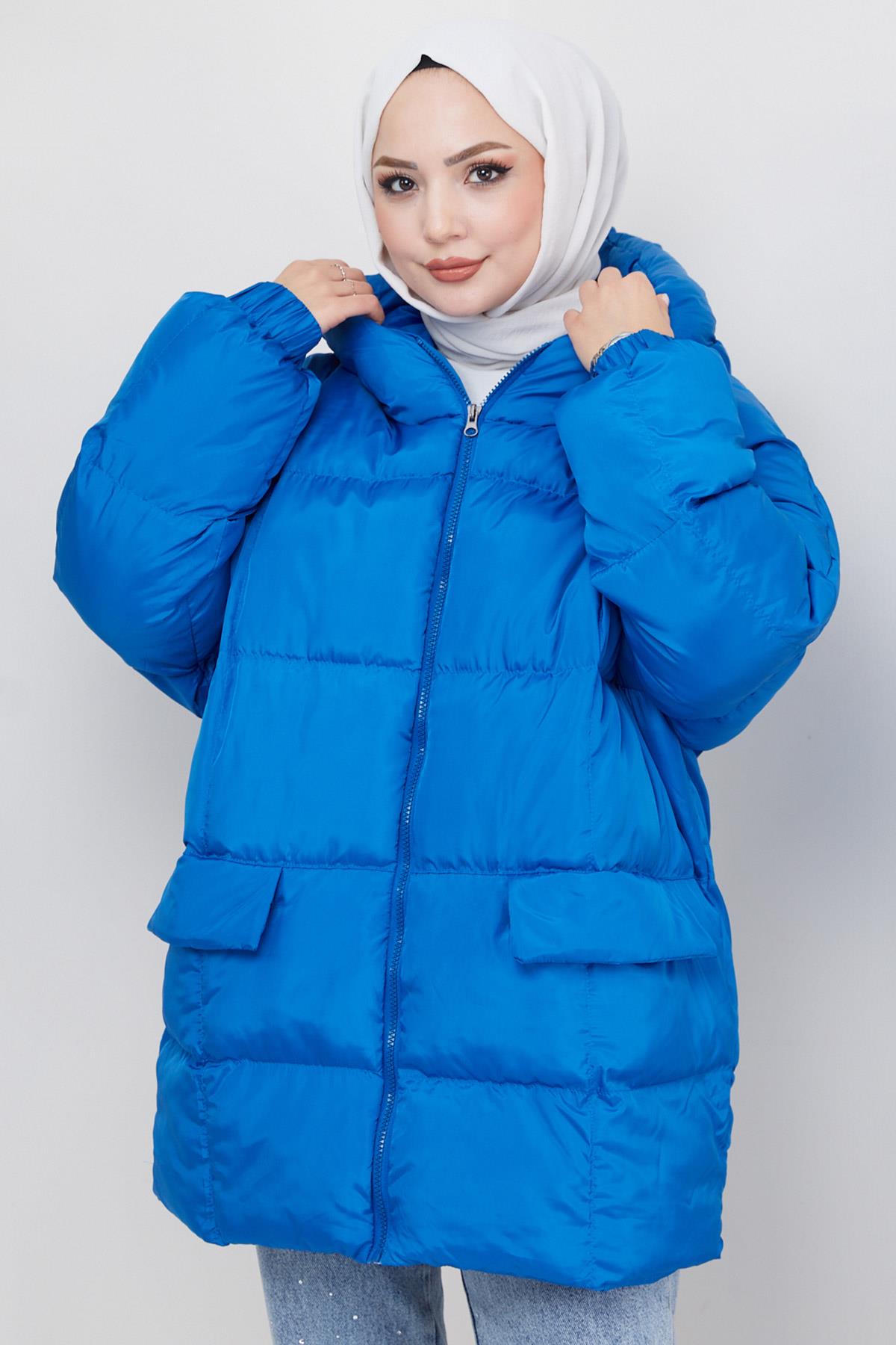Kapşonlu Oversize Şişme Mont Mavi HM2314