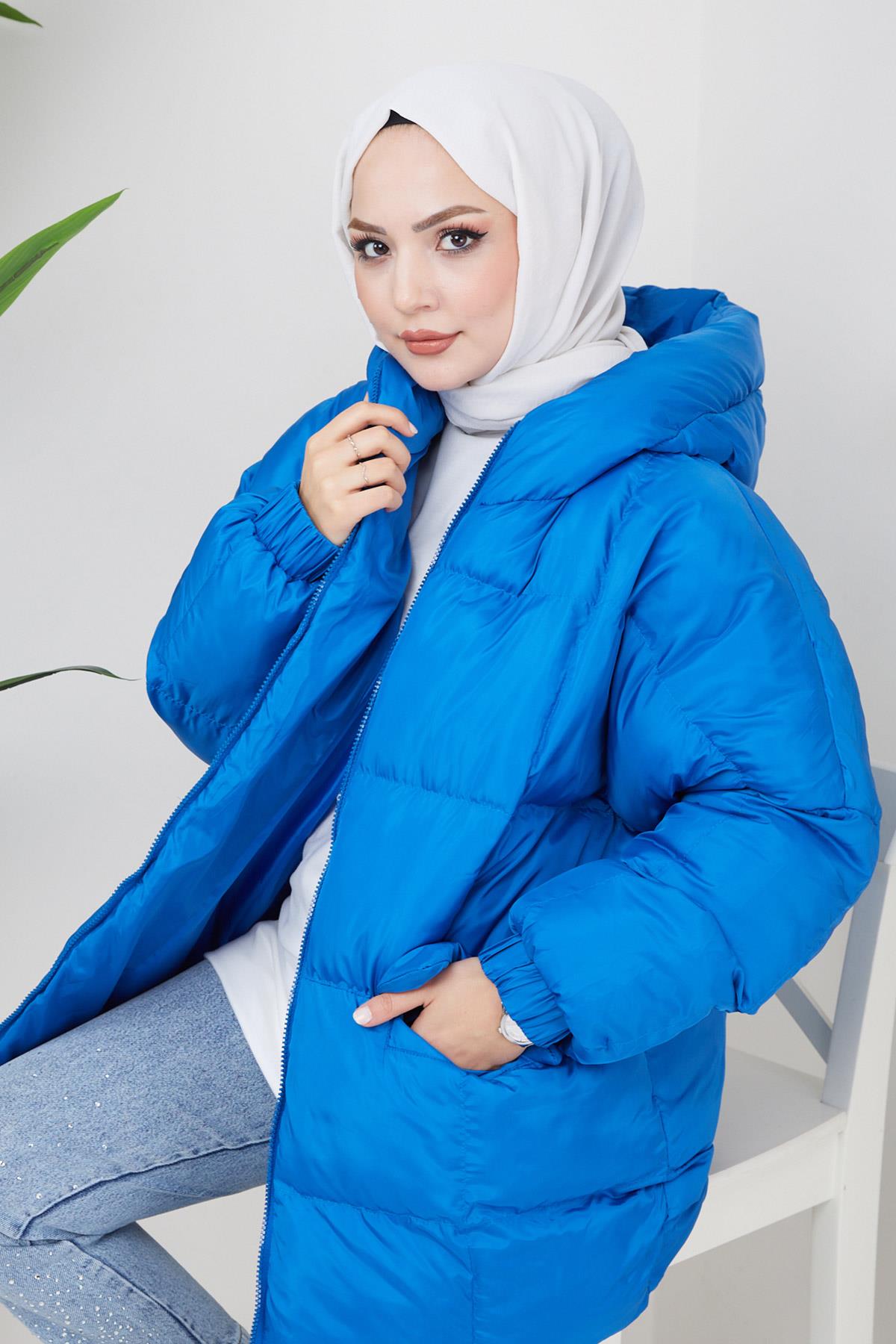 Kapşonlu Oversize Şişme Mont Mavi HM2314