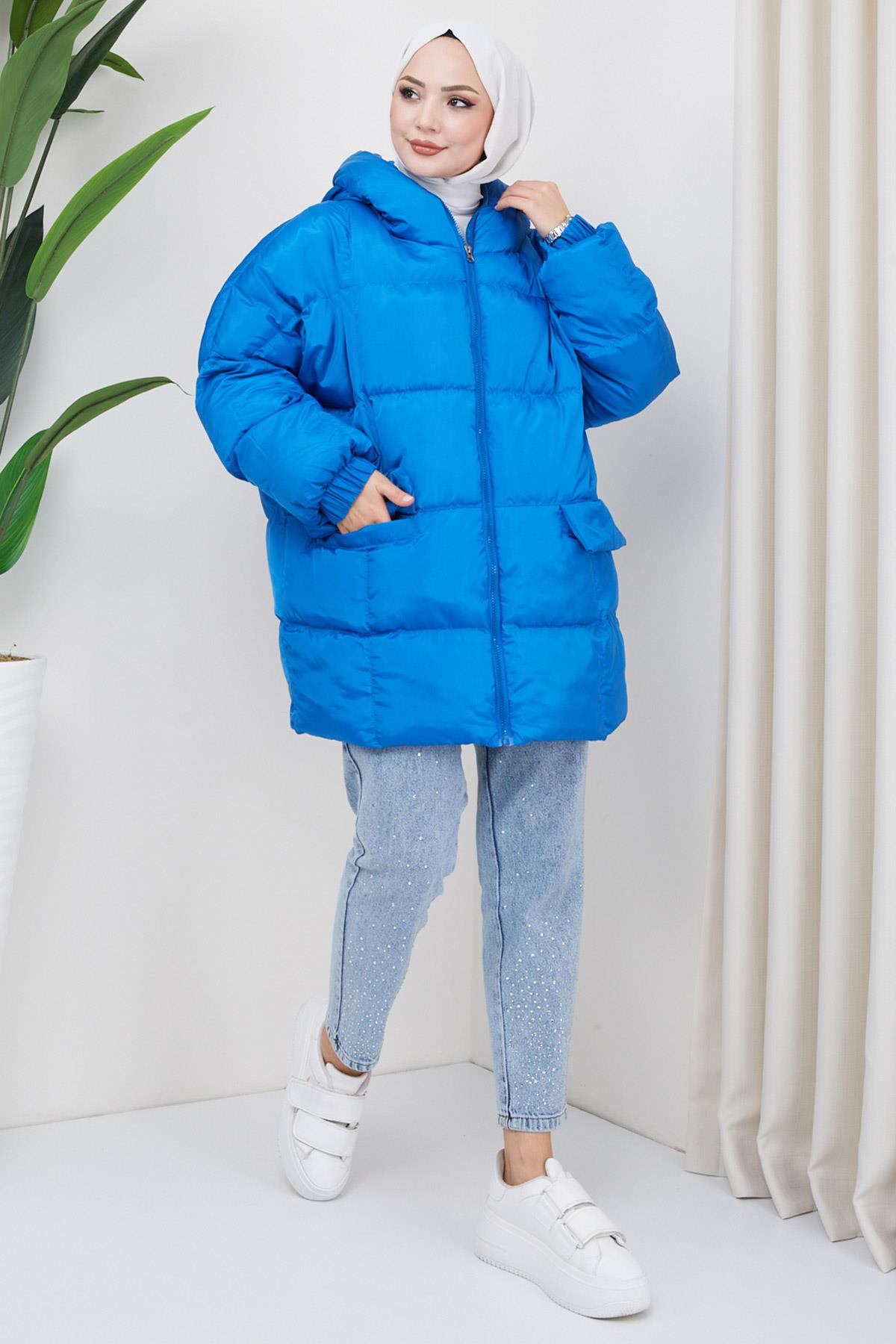 Kapşonlu Oversize Şişme Mont Mavi HM2314