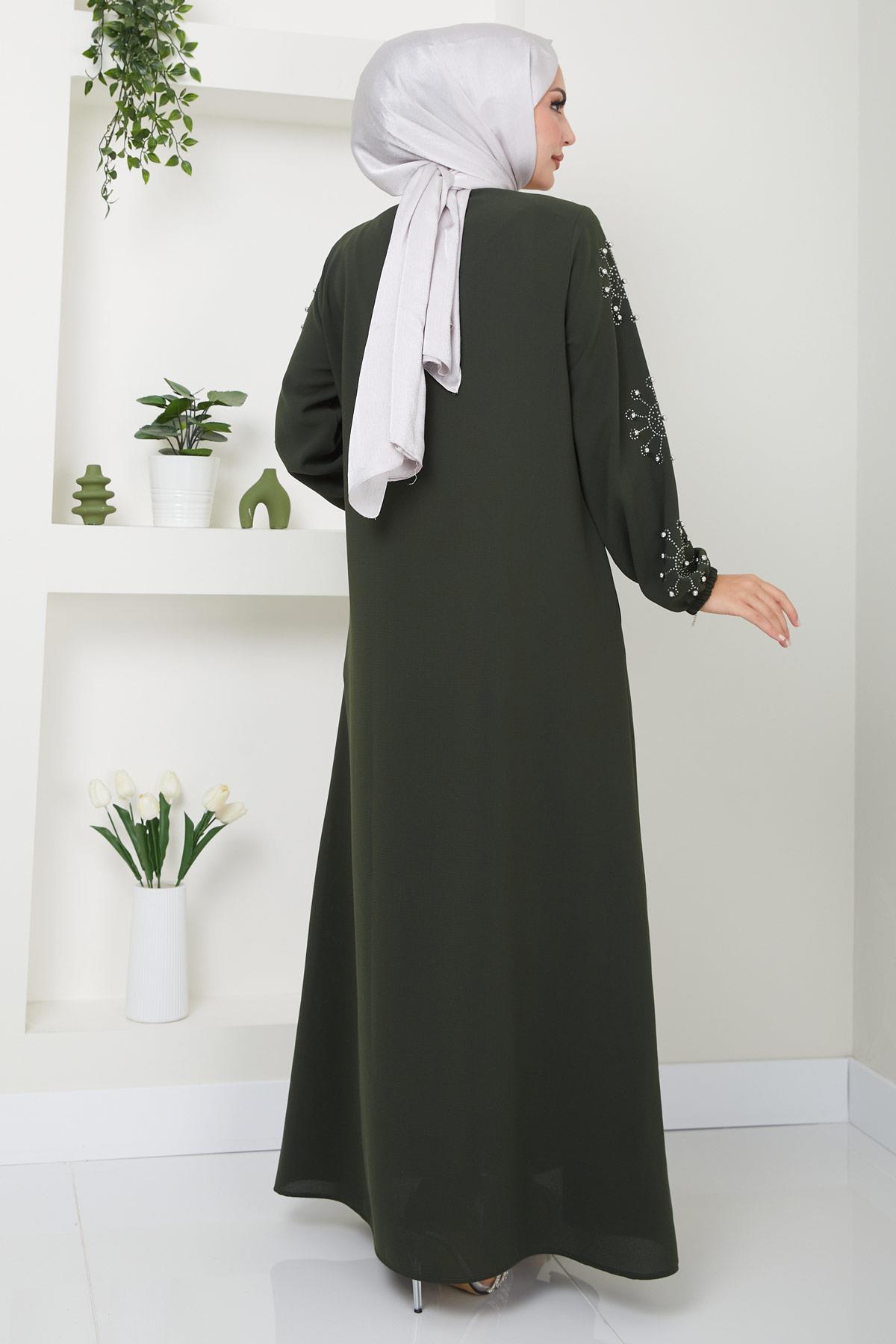 Kolu Taşlı ve İncili Ferace Haki HM2494