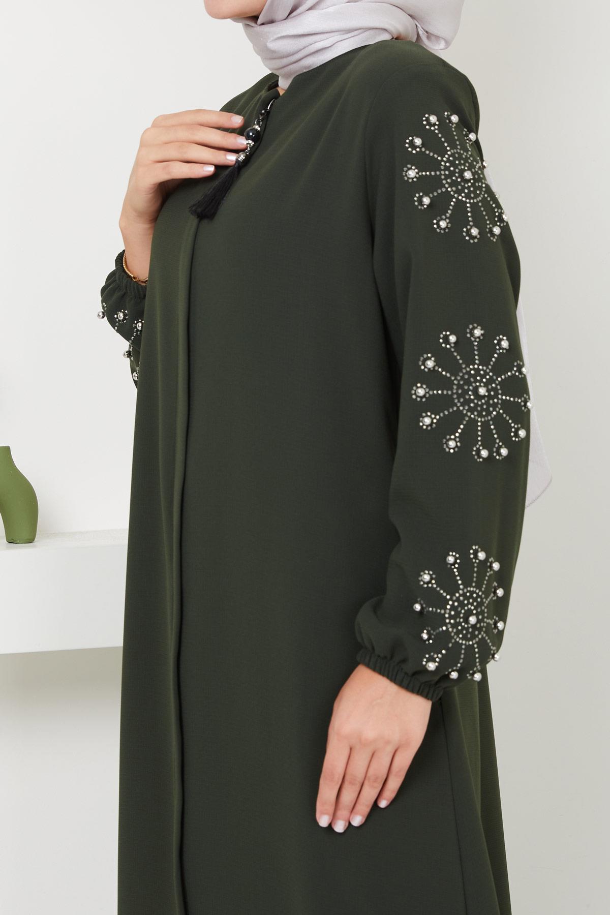 Kolu Taşlı ve İncili Ferace Haki HM2494