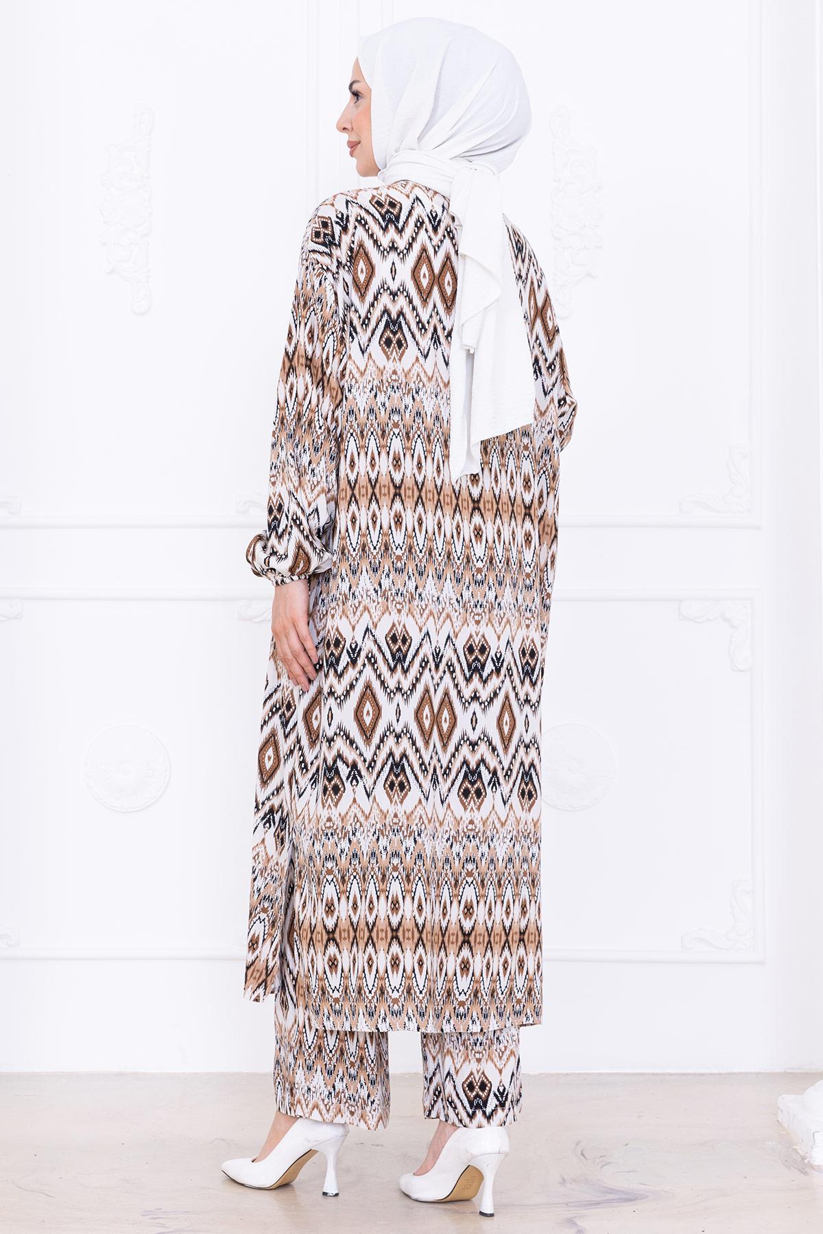 Seva Desenli Viskon Kimono Takım Kahverengi HM2762