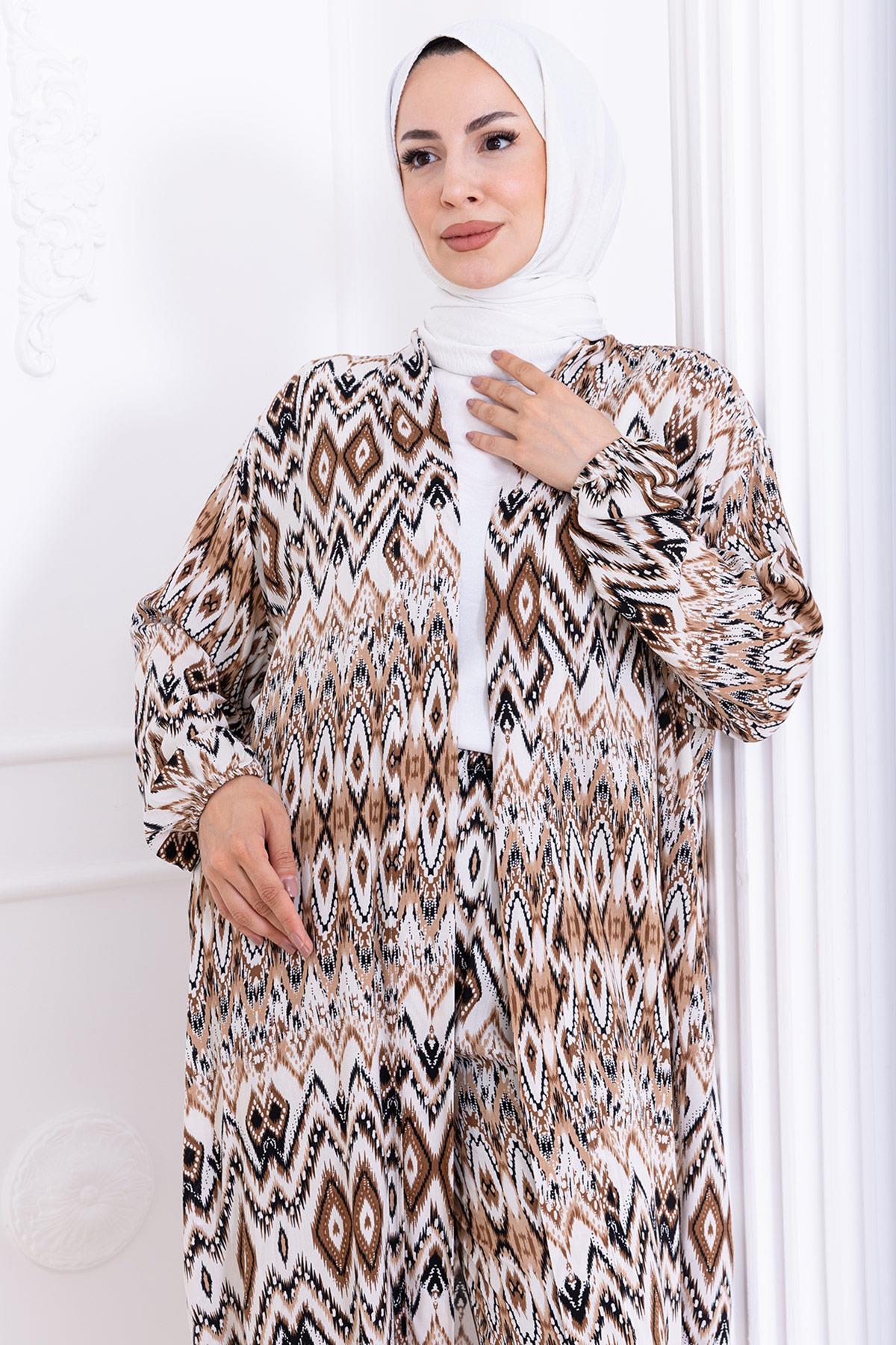 Seva Desenli Viskon Kimono Takım Kahverengi HM2762