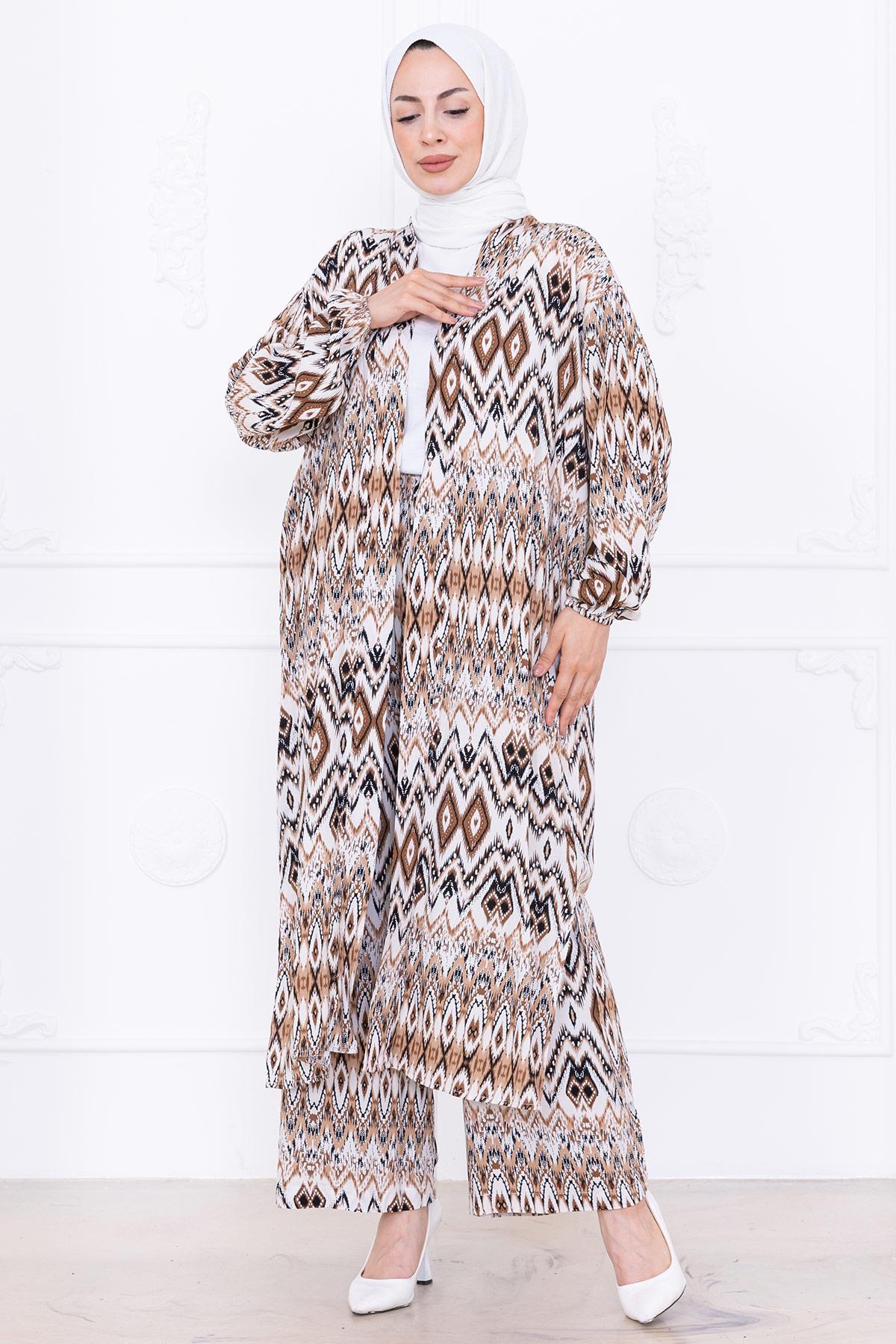 Seva Desenli Viskon Kimono Takım Kahverengi HM2762