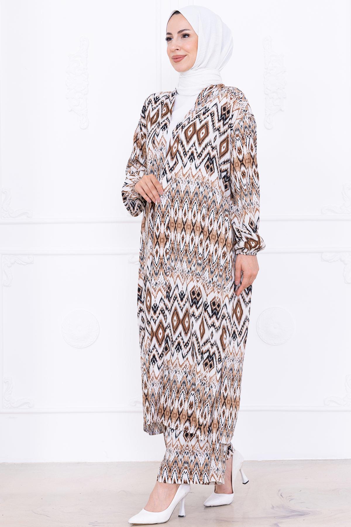 Seva Desenli Viskon Kimono Takım Kahverengi HM2762