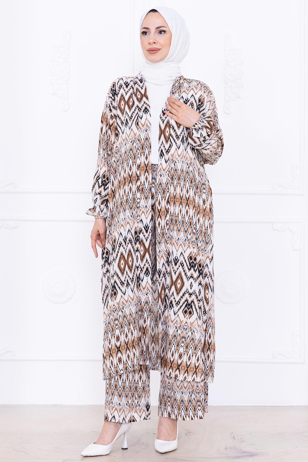 Seva Desenli Viskon Kimono Takım Kahverengi HM2762