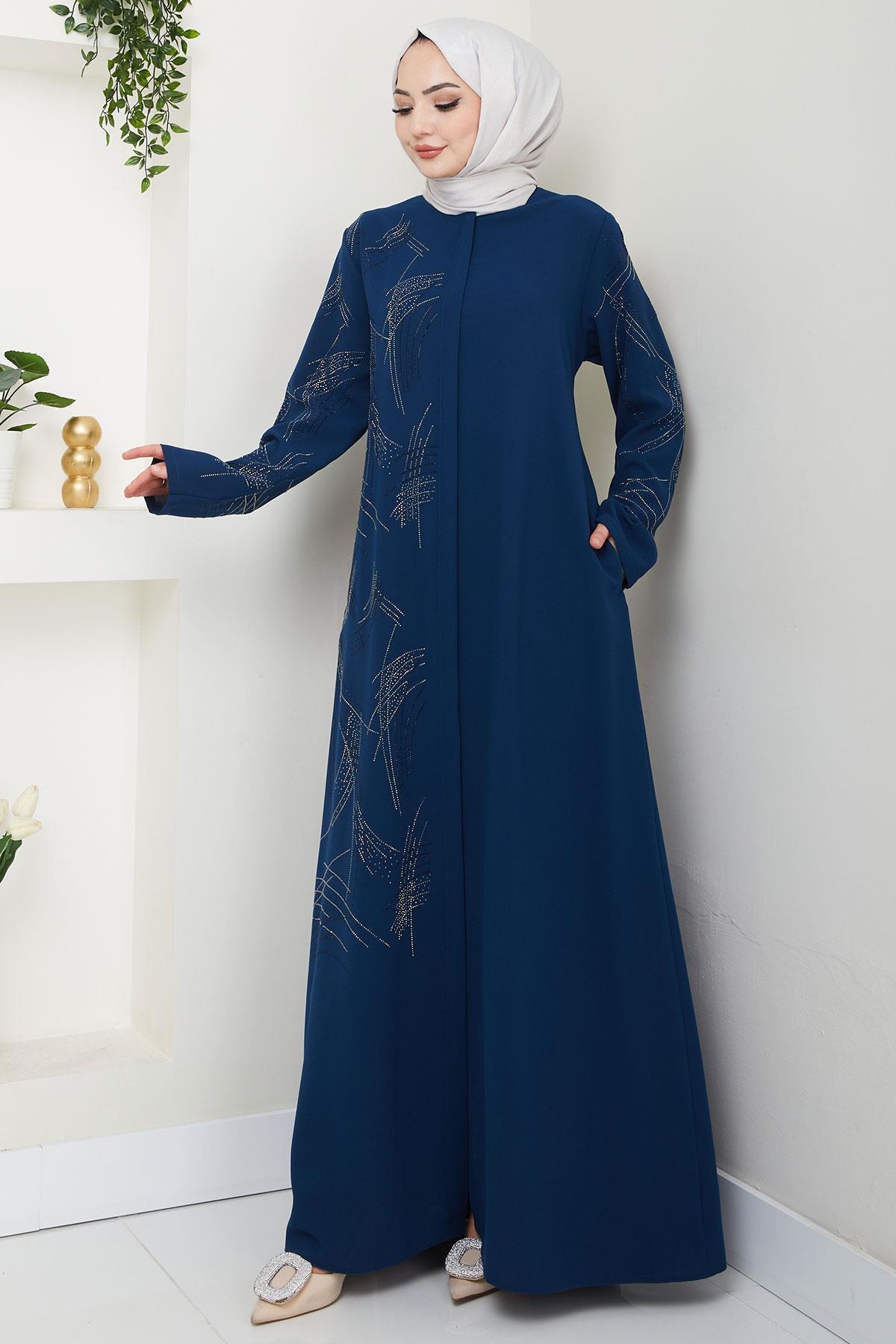 Tek Tarafı ve Kolları Taşlı Büyük Beden Ferace İndigo HM2711