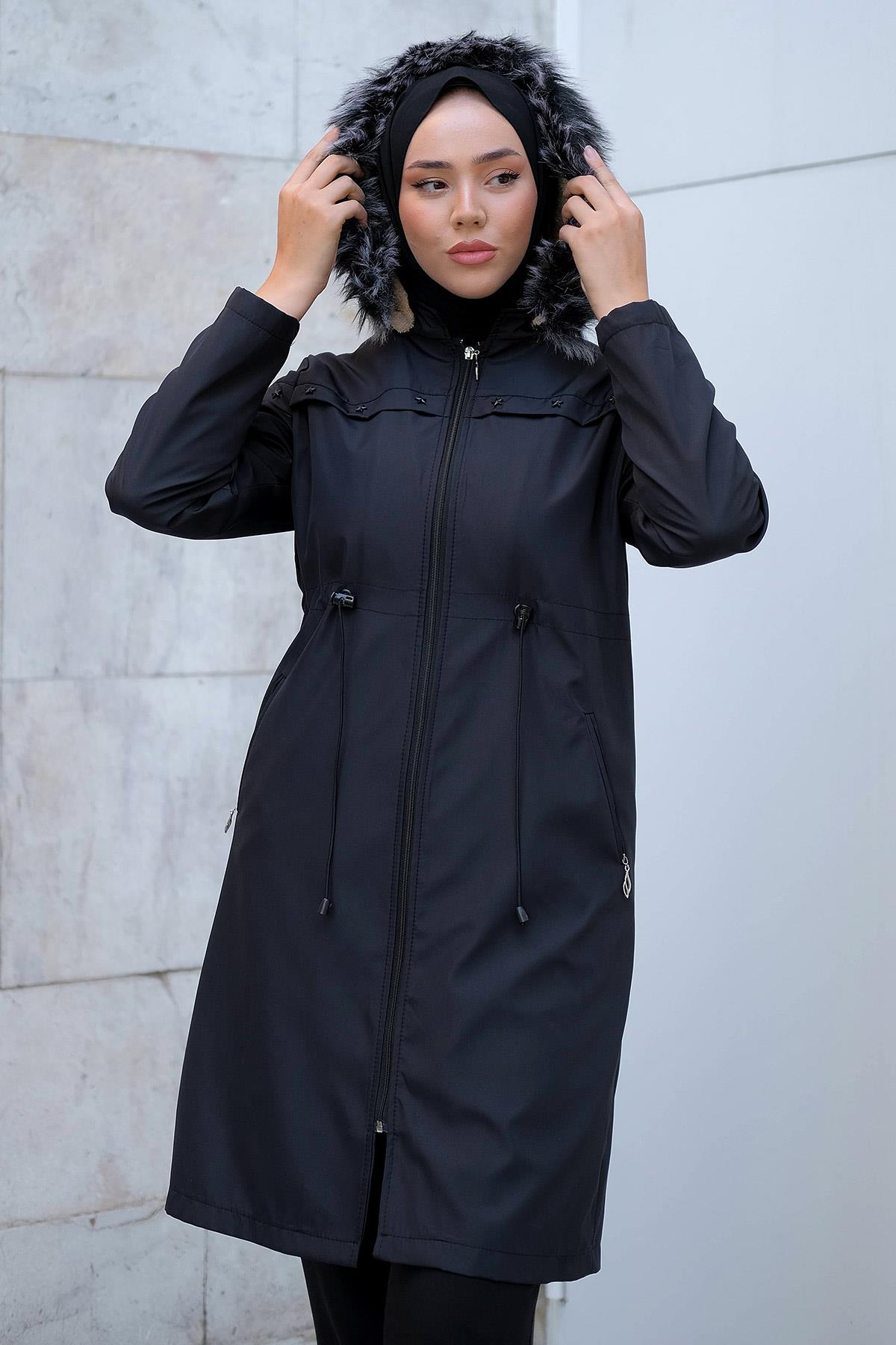 Yıldızlı İçi Kürklü Mont Siyah HM2288