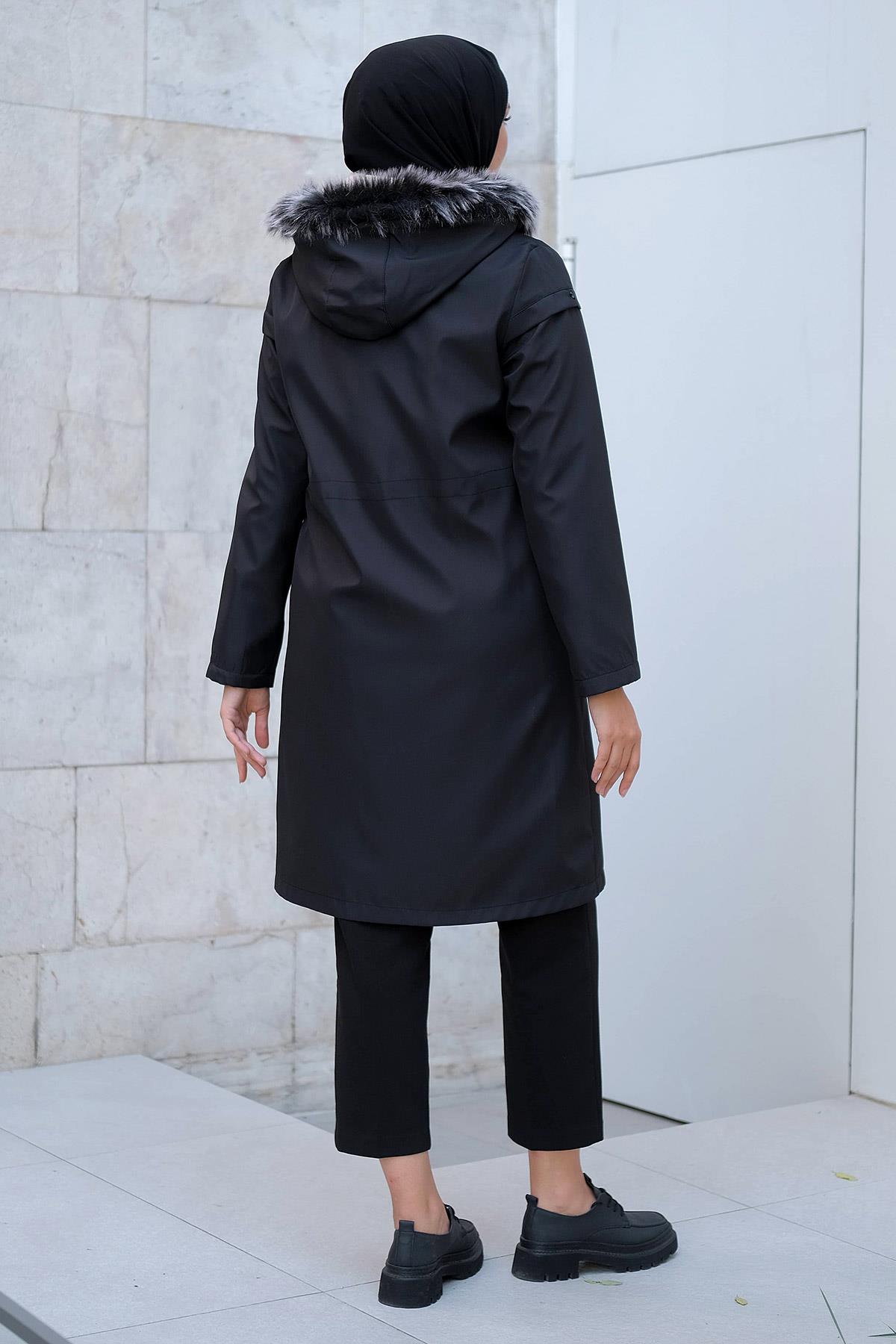 Yıldızlı İçi Kürklü Mont Siyah HM2288