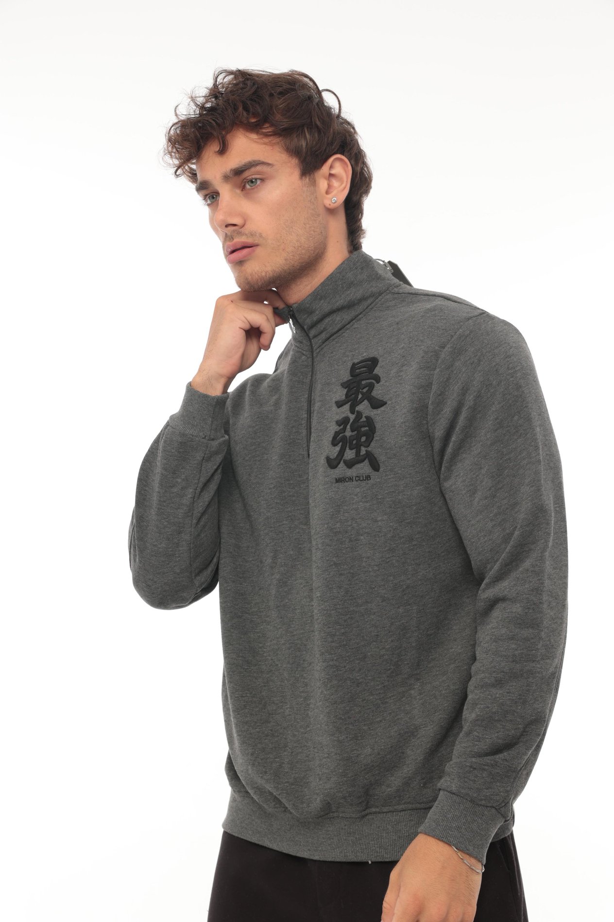 Miron Antrasit Üç İplik Fermuarlı Nakış Detaylı Regular Fit Sweatshirt