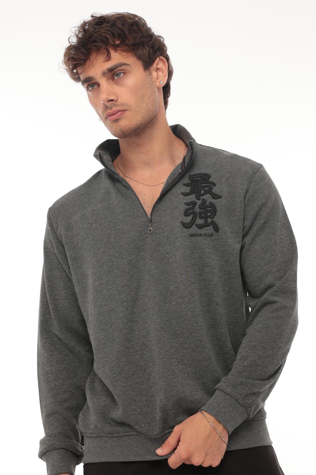 Miron Antrasit Üç İplik Fermuarlı Nakış Detaylı Regular Fit Sweatshirt
