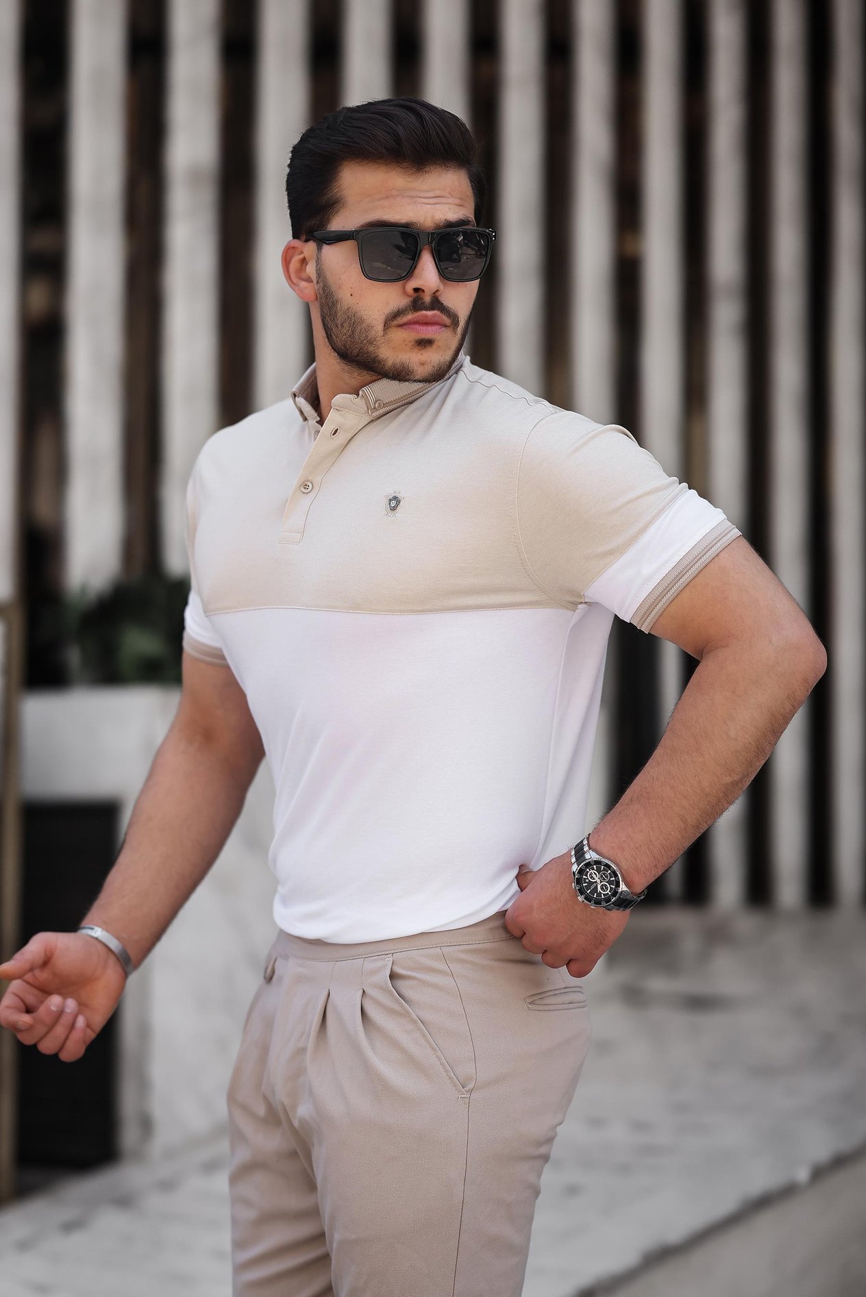 Miron Bej Beyaz Kagi Ston Parçalı Polo Yaka Kısa Kollu Tişört- 2402